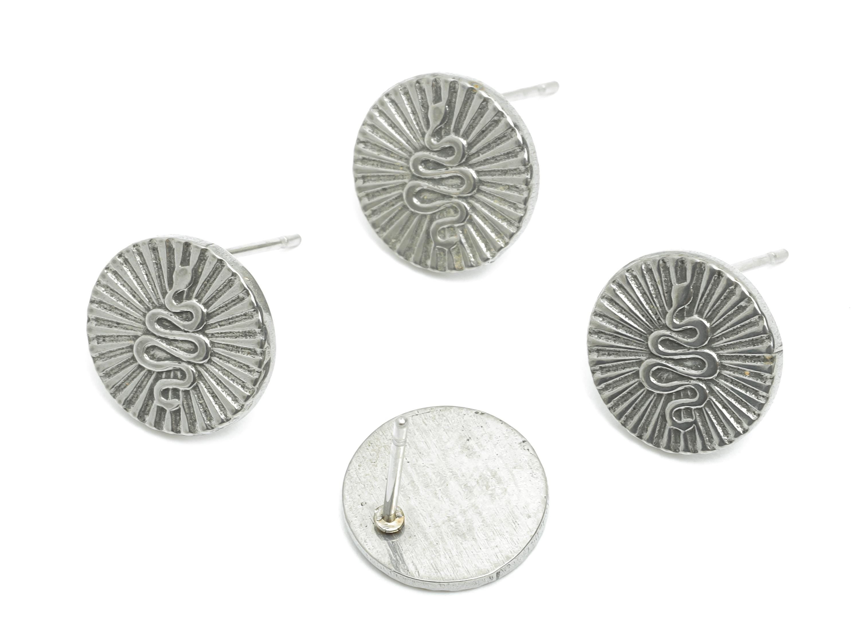 Stainless Steel Snake Studs - Sunburst Silver Snake Earring Post - Ancient Coin Snake Earring - Steel Jewelry - 12.36x12.27x1.36mm - SS2179 - DOMEDBAZAAR
