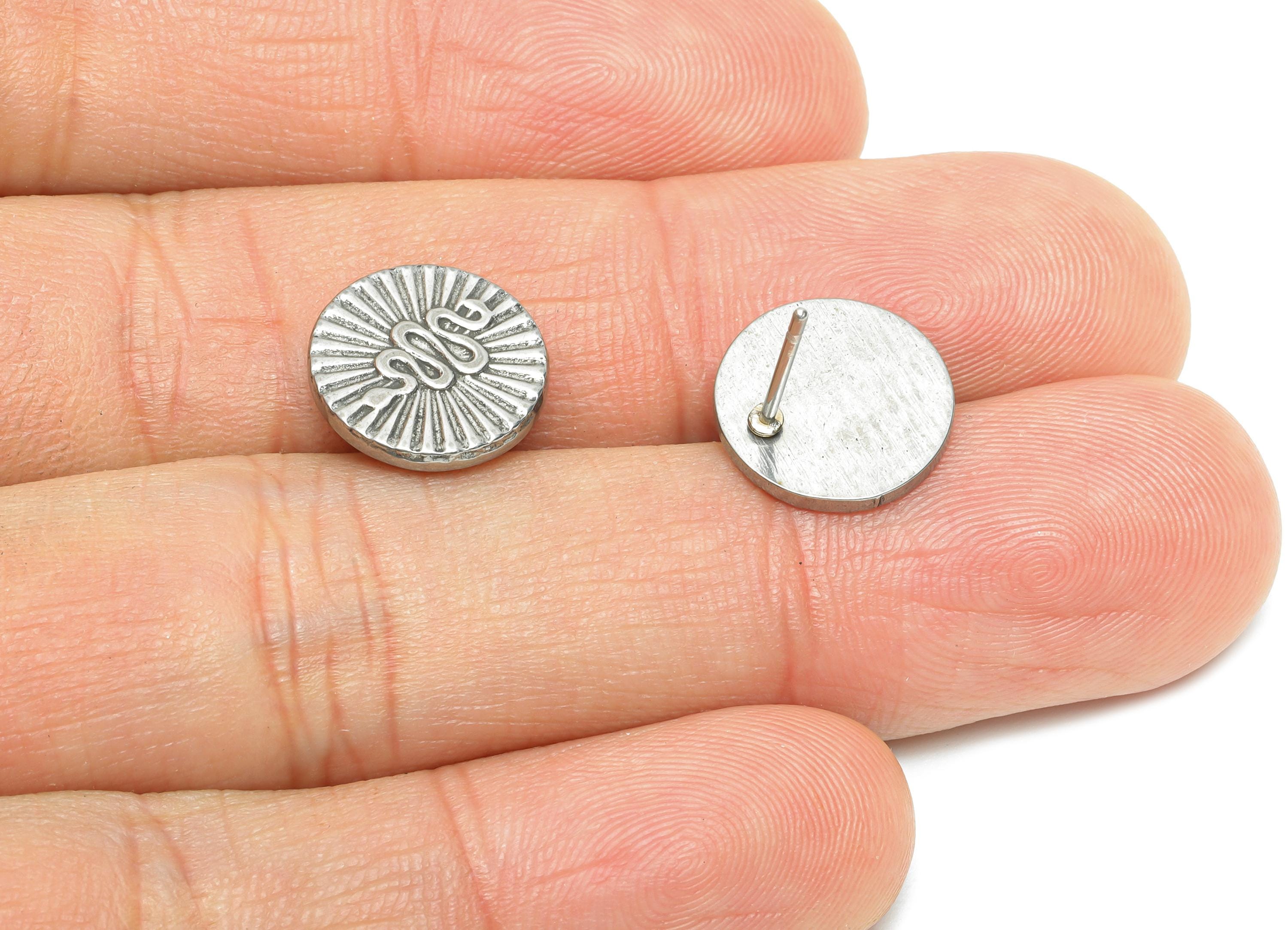 Stainless Steel Snake Studs - Sunburst Silver Snake Earring Post - Ancient Coin Snake Earring - Steel Jewelry - 12.36x12.27x1.36mm - SS2179 - DOMEDBAZAAR