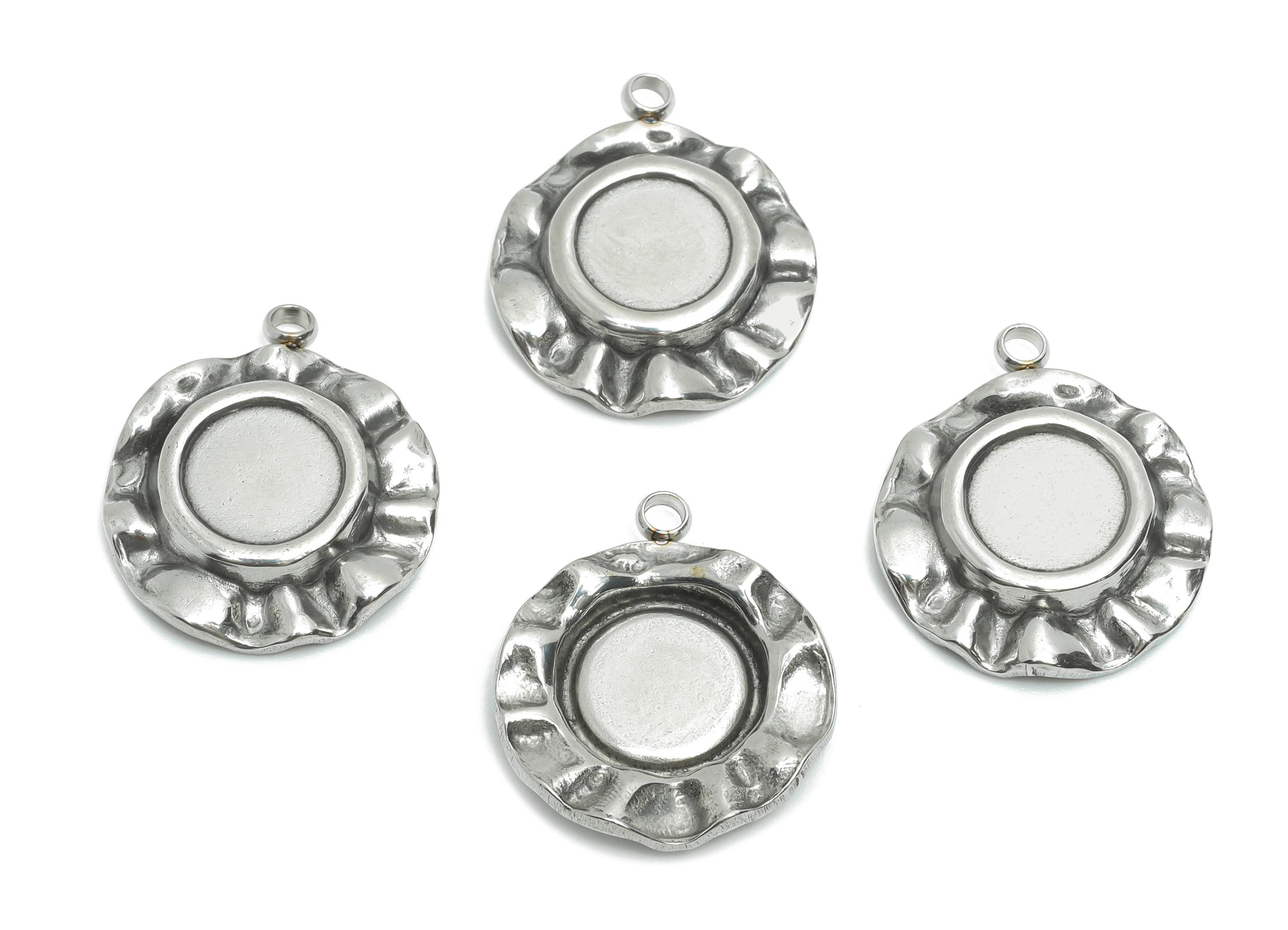 Stainless Steel Floral Pendant - Round Ruffled Pendant for Necklace - Antique Celestial Charm - Steel Jewelry Making - 19.97x17x3mm - SS2206 - DOMEDBAZAAR