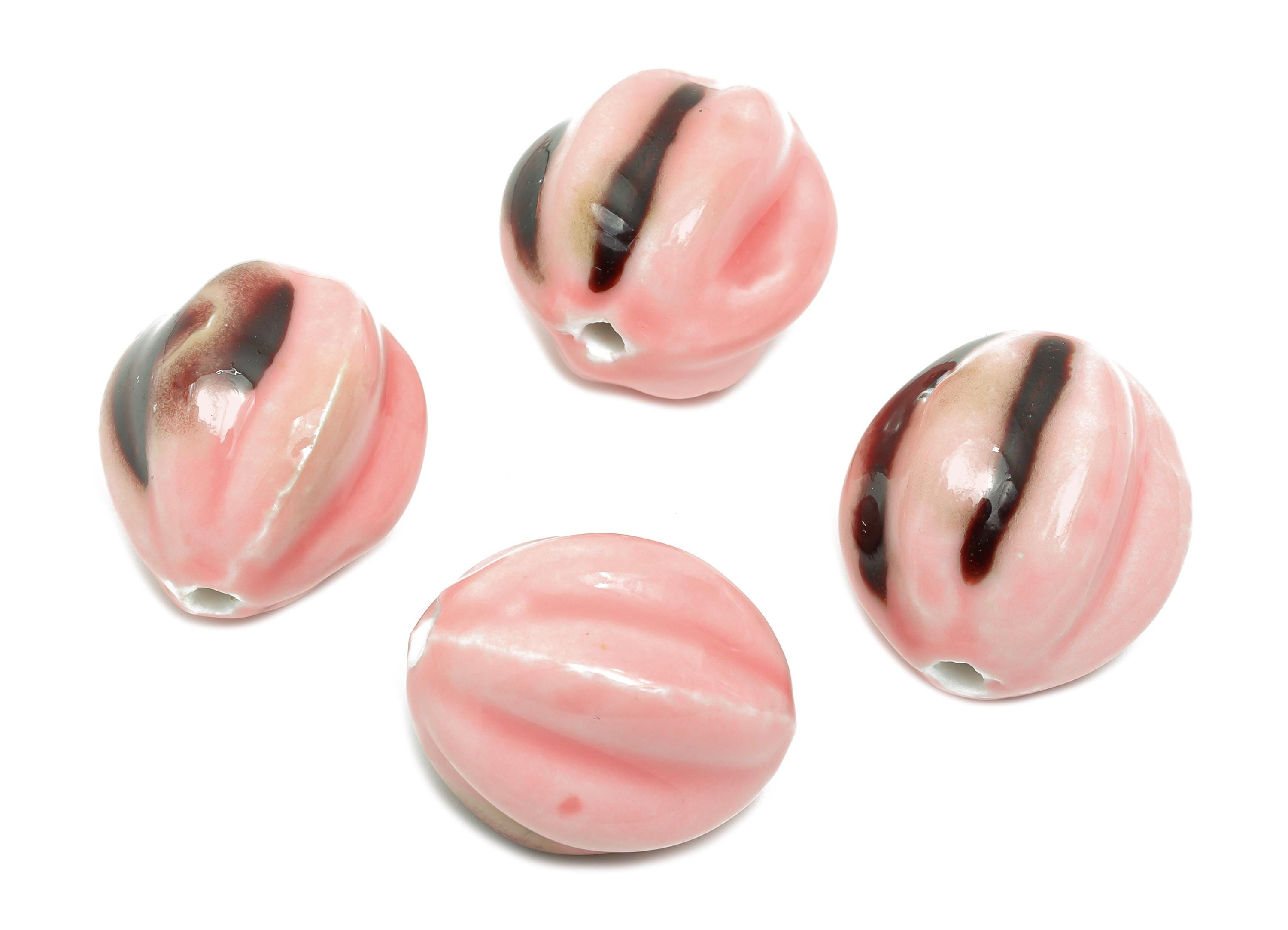 Striped Oval Ceramic Bead - Craft Beads for Necklace or Bracelet - Rustic Artisan - Textured Ceramic  Making Supplies -27x25x25mm - NS2810 - DOMEDBAZAAR