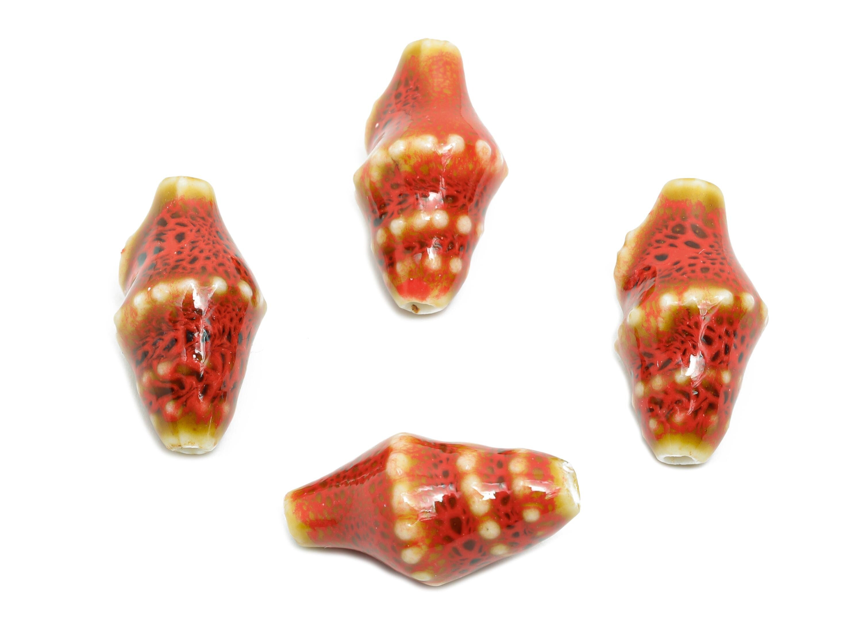 Red Ceramic Shell Beads - Craft Beads for Necklace or Bracelet - Rustic Coastal Accessories - Textured Making Supplies - 20x11x10mm -NS2775C - DOMEDBAZAAR