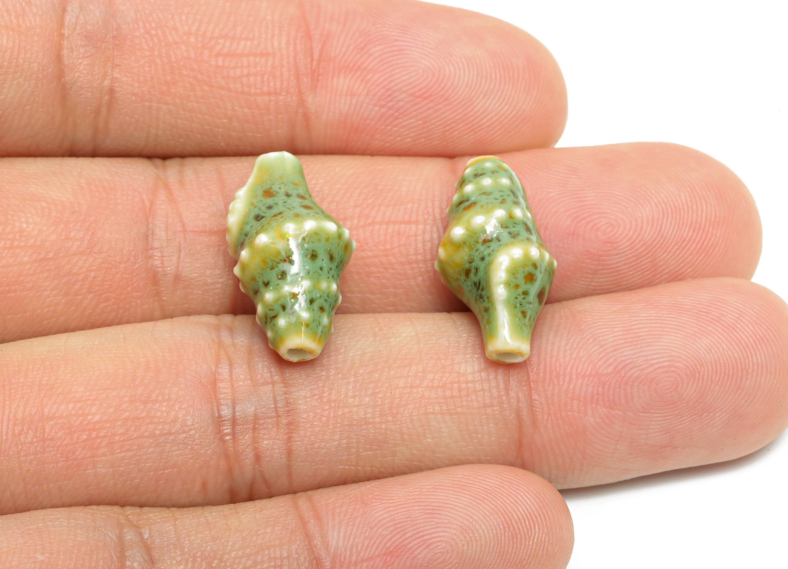 Glazed Ceramic Shell Beads - Craft Beads for Necklace or Bracelet - Green Rustic Coastal Bead - Making Supplies - 20x11x10mm - NS2775F - DOMEDBAZAAR