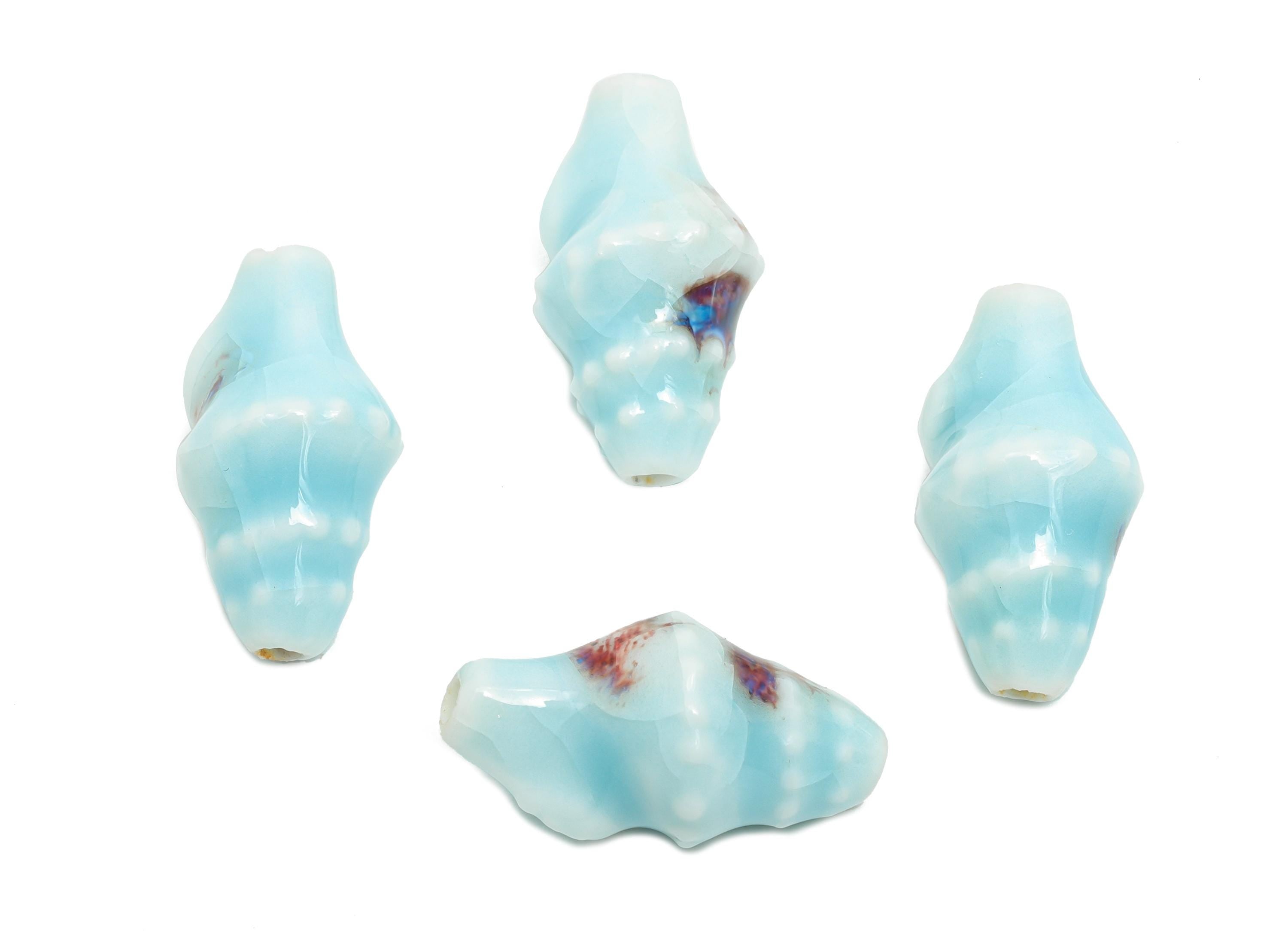 Glazed Ceramic Shell Beads - Craft Beads for Necklace or Bracelet - Blue Rustic Coastal Bead - Making Supplies - 20x11x10mm - NS2775A - DOMEDBAZAAR