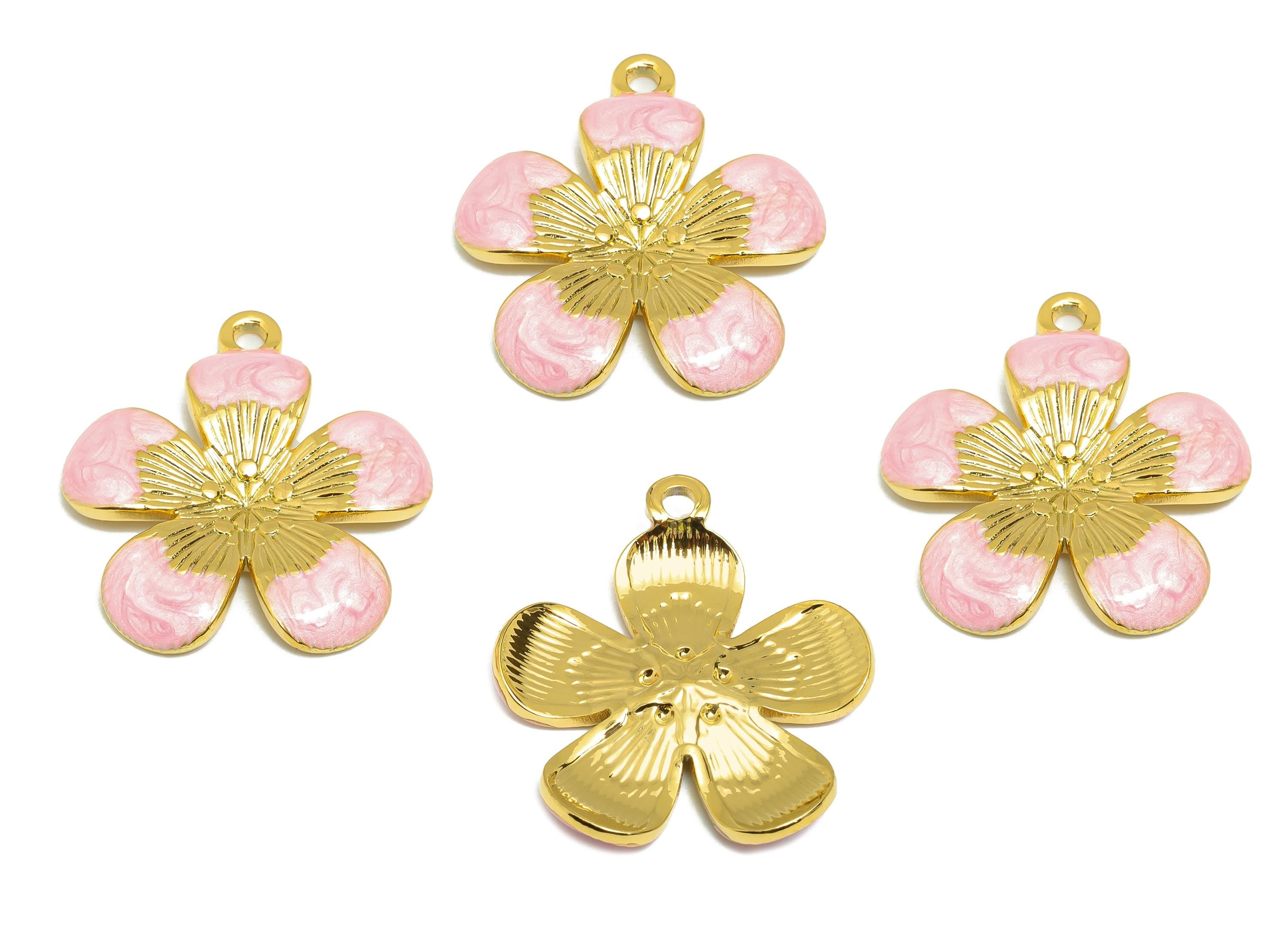 Steel Flower Charms - Enamel Colorful Floral Pendant - Classic Pink Botanical Gift for Her - Gold Tone Vacuum Plating - 15x12x2mm - SS1518 - DOMEDBAZAAR