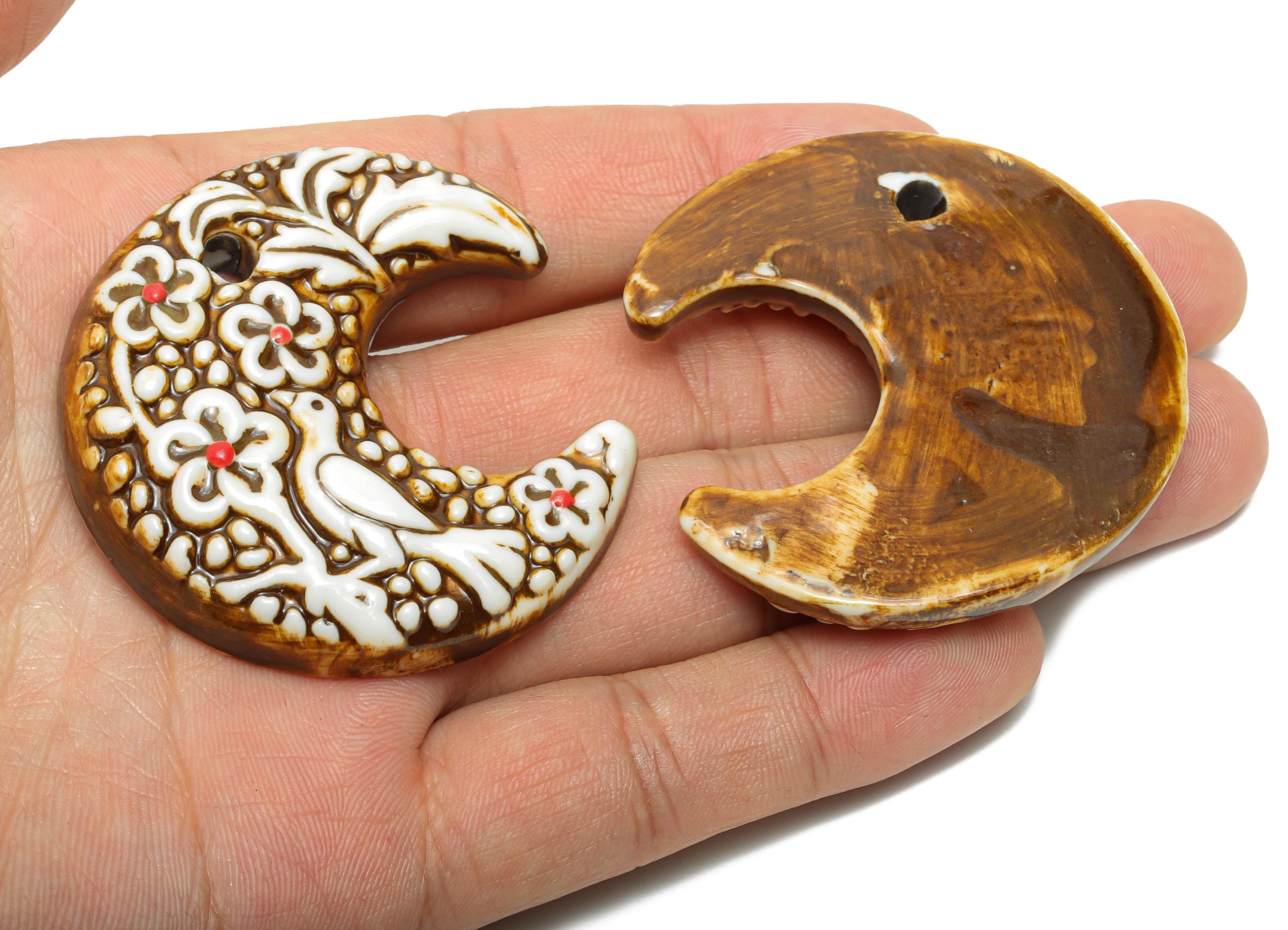 Crescent Glazed Ceramic Bird Pendants - Craft Beads for Necklace or Bracelet - Flower Ceramic Beads - Handmade Ceramic - 51x49x10mm - NS2791 - DOMEDBAZAAR