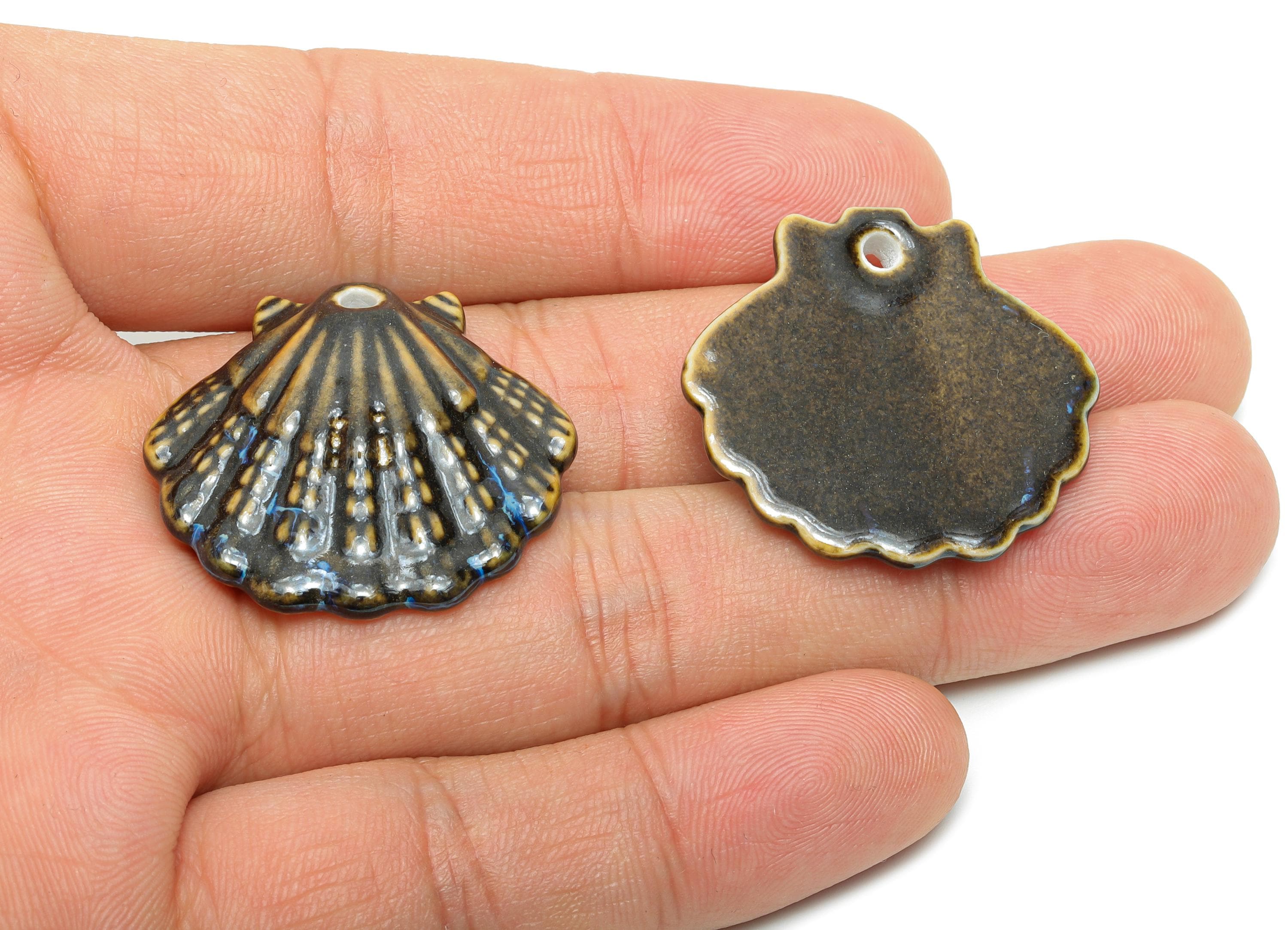 Ceramic Seashell Bead - Textured Coastal Handmade Bead - Sea Life Ceramic Pendant - Handmade Nautical Shell Charm - 28x30x6.17mm - NS2776D - DOMEDBAZAAR