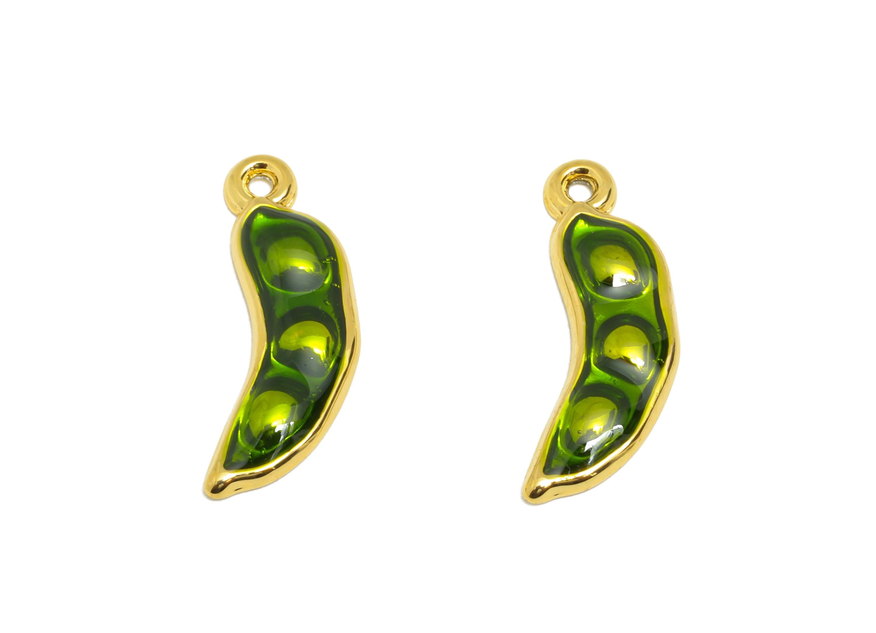Steel Enamel Pea Charm - Green Enamel Pea Jewelry - Modern Botanical Pendant For Necklace - Gold Tone Vacuum Plated - 19x7.1x2.12mm - SS1490 - DOMEDBAZAAR