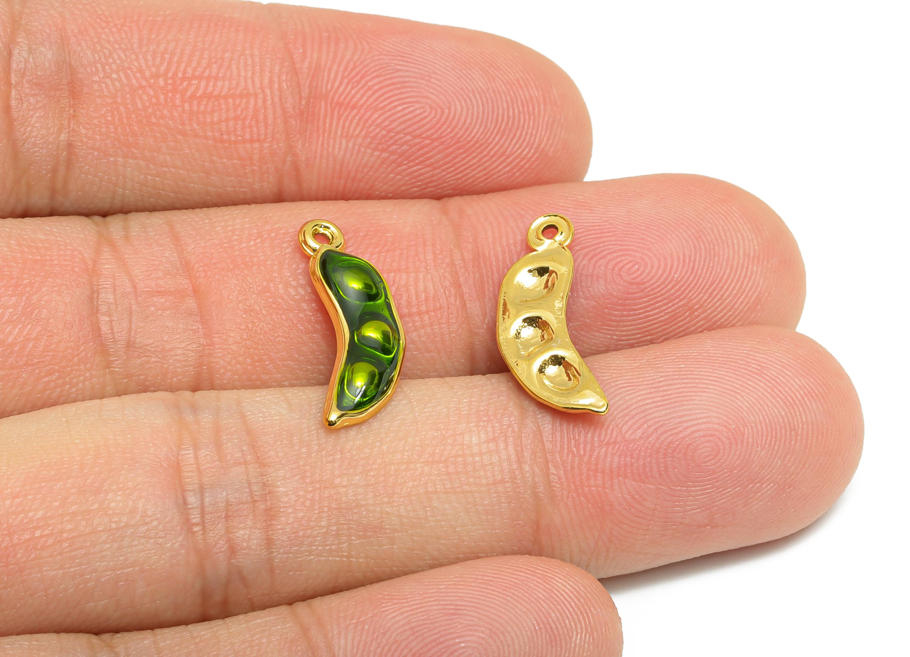 Steel Enamel Pea Charm - Green Enamel Pea Jewelry - Modern Botanical Pendant For Necklace - Gold Tone Vacuum Plated - 19x7.1x2.12mm - SS1490 - DOMEDBAZAAR