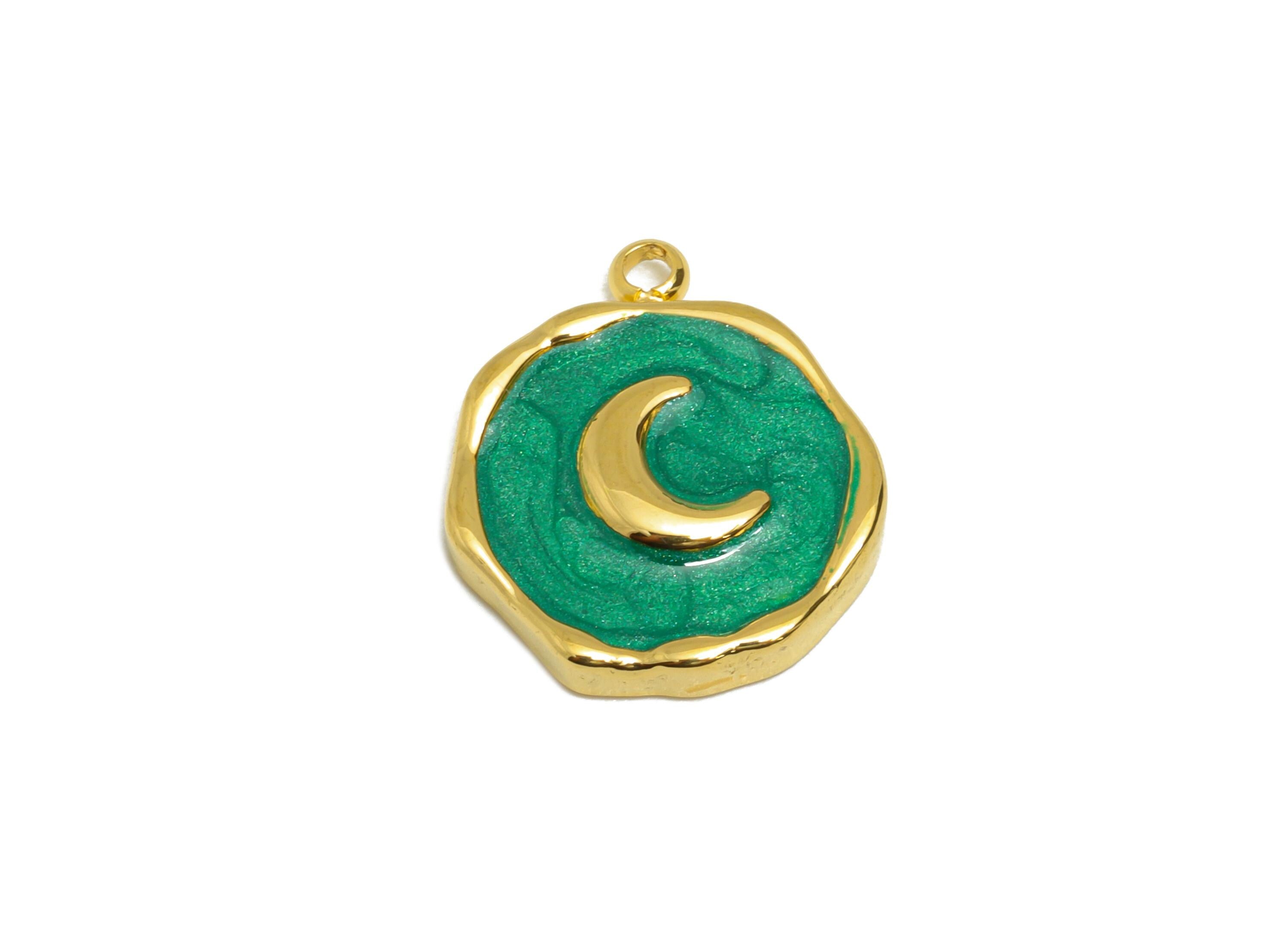 Steel Enamel Crescent Charm - Vintage Moon Jewelry - Dainty Green Pendant For Necklace - Gold Tone Vacuum Plated - 15x13x2.57mm - SS1486 - DOMEDBAZAAR