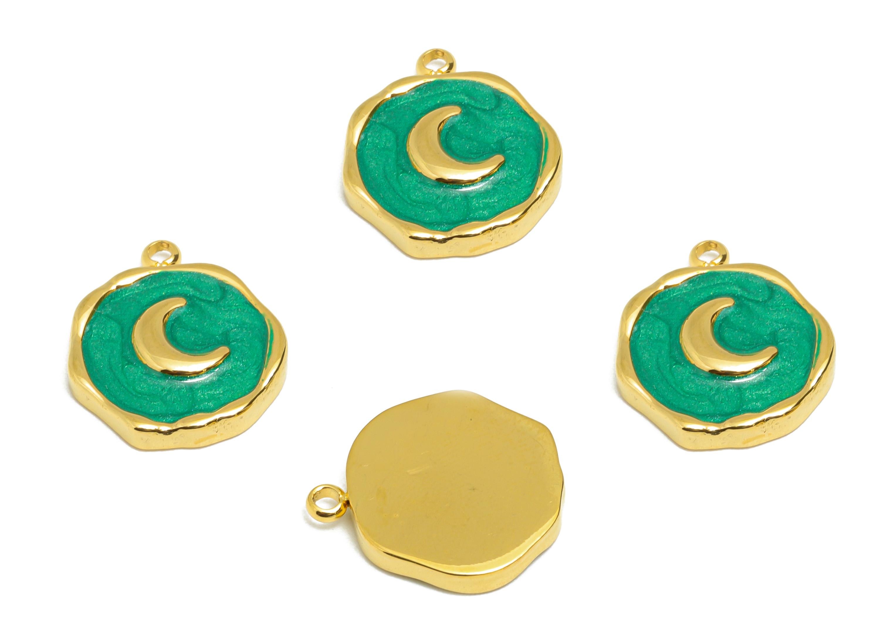 Steel Enamel Crescent Charm - Vintage Moon Jewelry - Dainty Green Pendant For Necklace - Gold Tone Vacuum Plated - 15x13x2.57mm - SS1486 - DOMEDBAZAAR