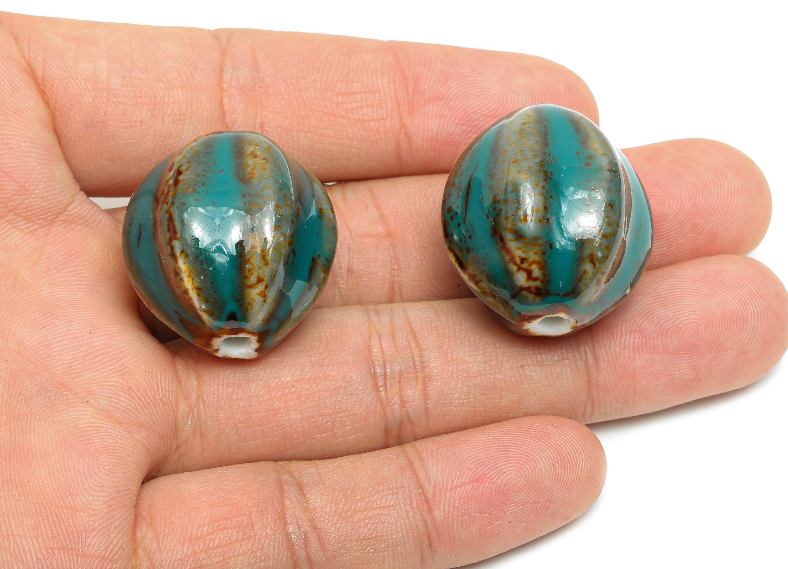 Striped Oval Ceramic Bead - Craft Beads for Necklace or Bracelet - Rustic Artisan - Textured Ceramic  Making Supplies - 27x25x24mm - NS2816 - DOMEDBAZAAR