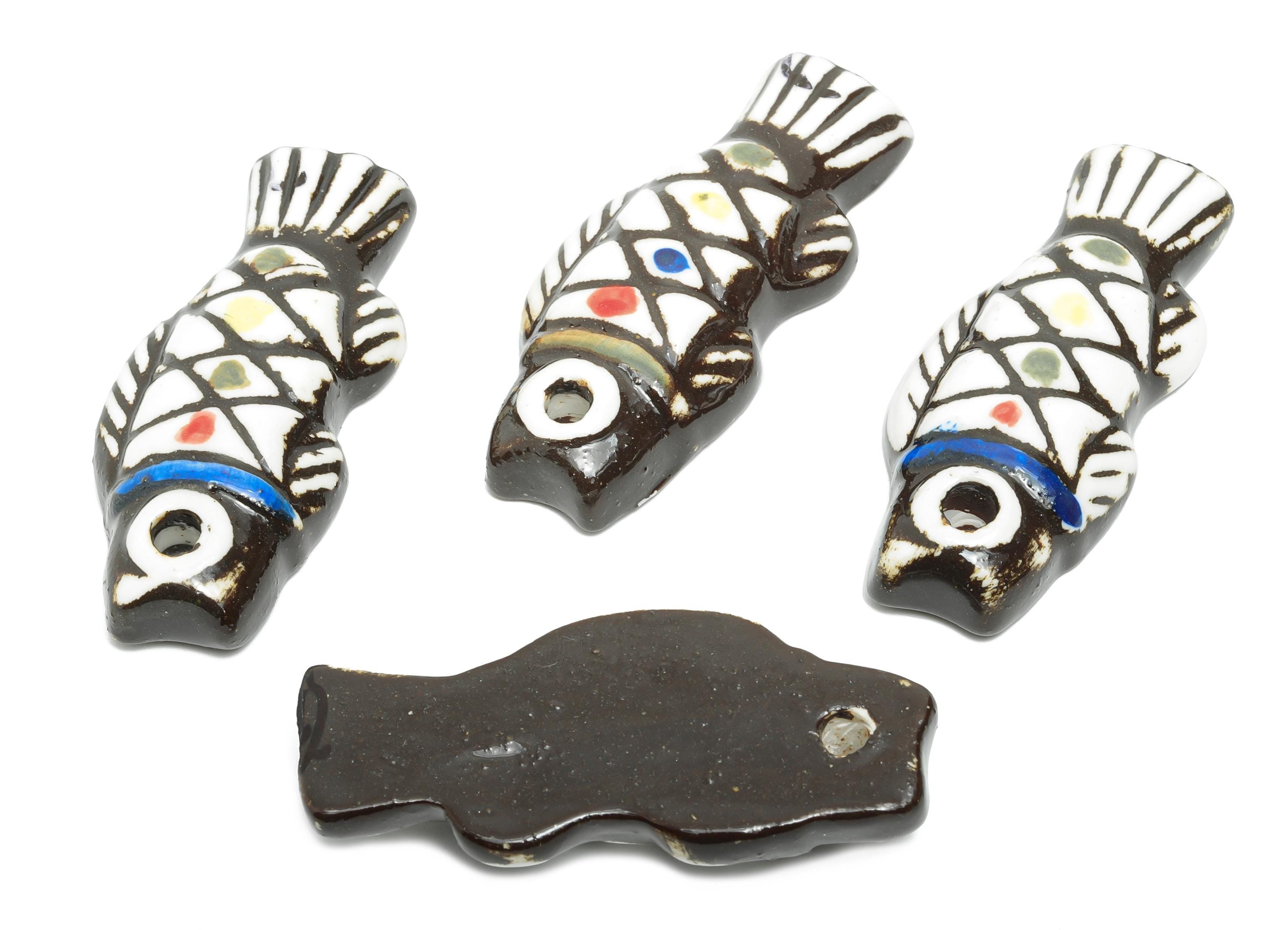 Glazed Ceramic Fish Beads - Black and White Fish Bead - Cute Marine Life Beads - Boho Fish Bead for DIY Jewelry - 56x24x10.93mm - NS2781 - DOMEDBAZAAR