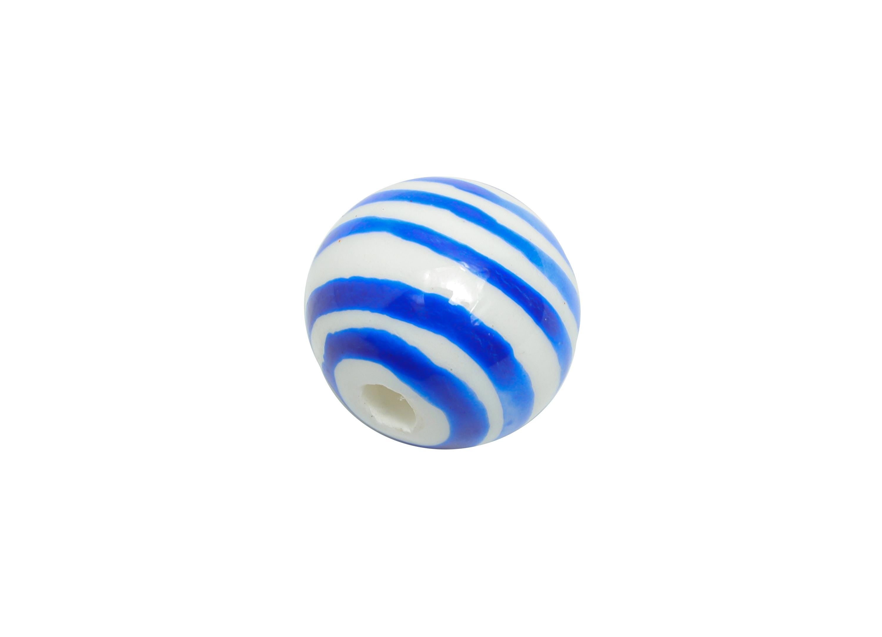 Blue Striped Ceramic Bead - Colorful Handmade Bead - Fun Glazed Pottery Bead for Bracelet - Summer Bead Jewelry DIY - 11.9x12x12mm - NS2858C - DOMEDBAZAAR