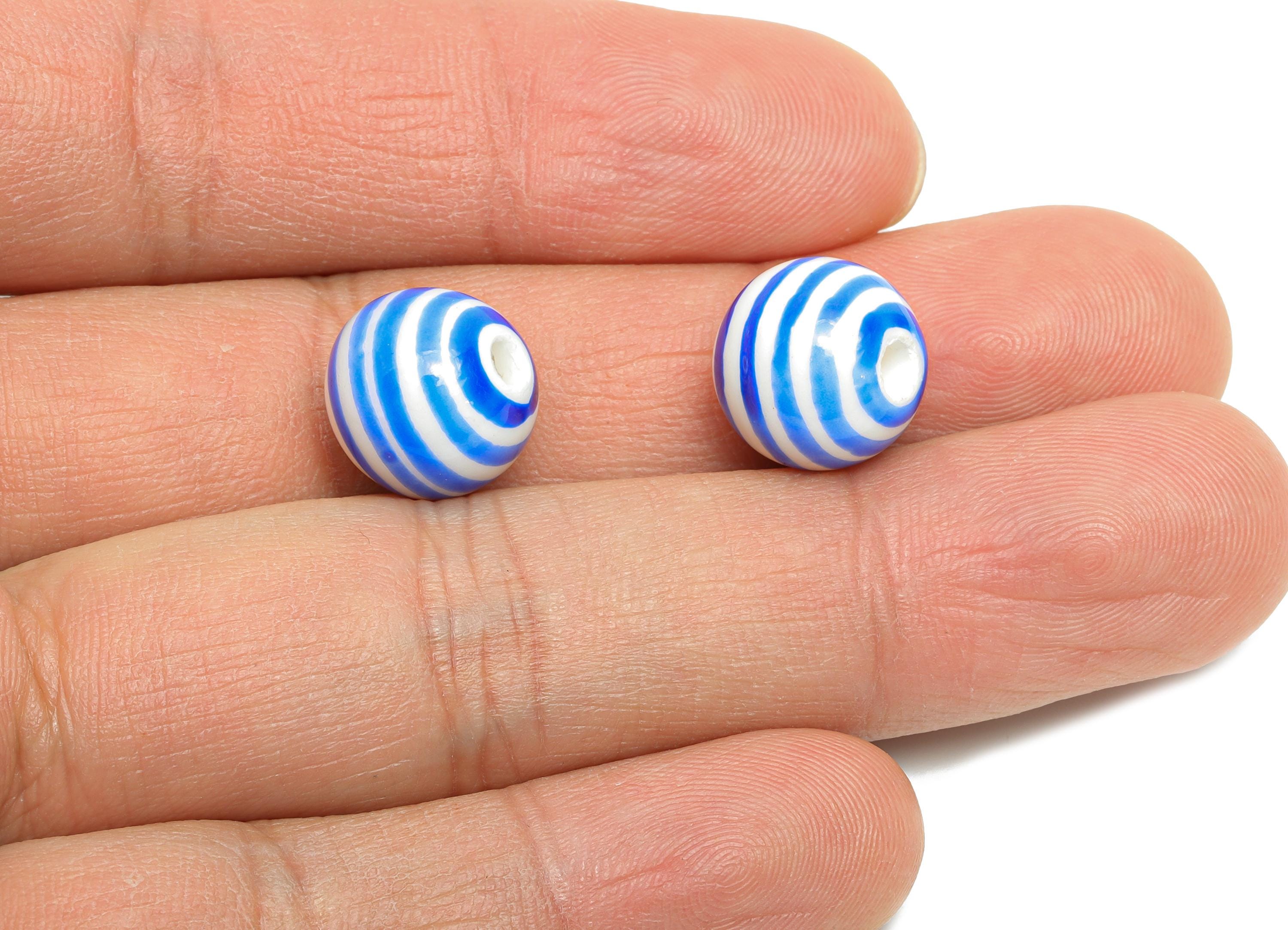 Blue Striped Ceramic Bead - Colorful Handmade Bead - Fun Glazed Pottery Bead for Bracelet - Summer Bead Jewelry DIY - 11.9x12x12mm - NS2858C - DOMEDBAZAAR