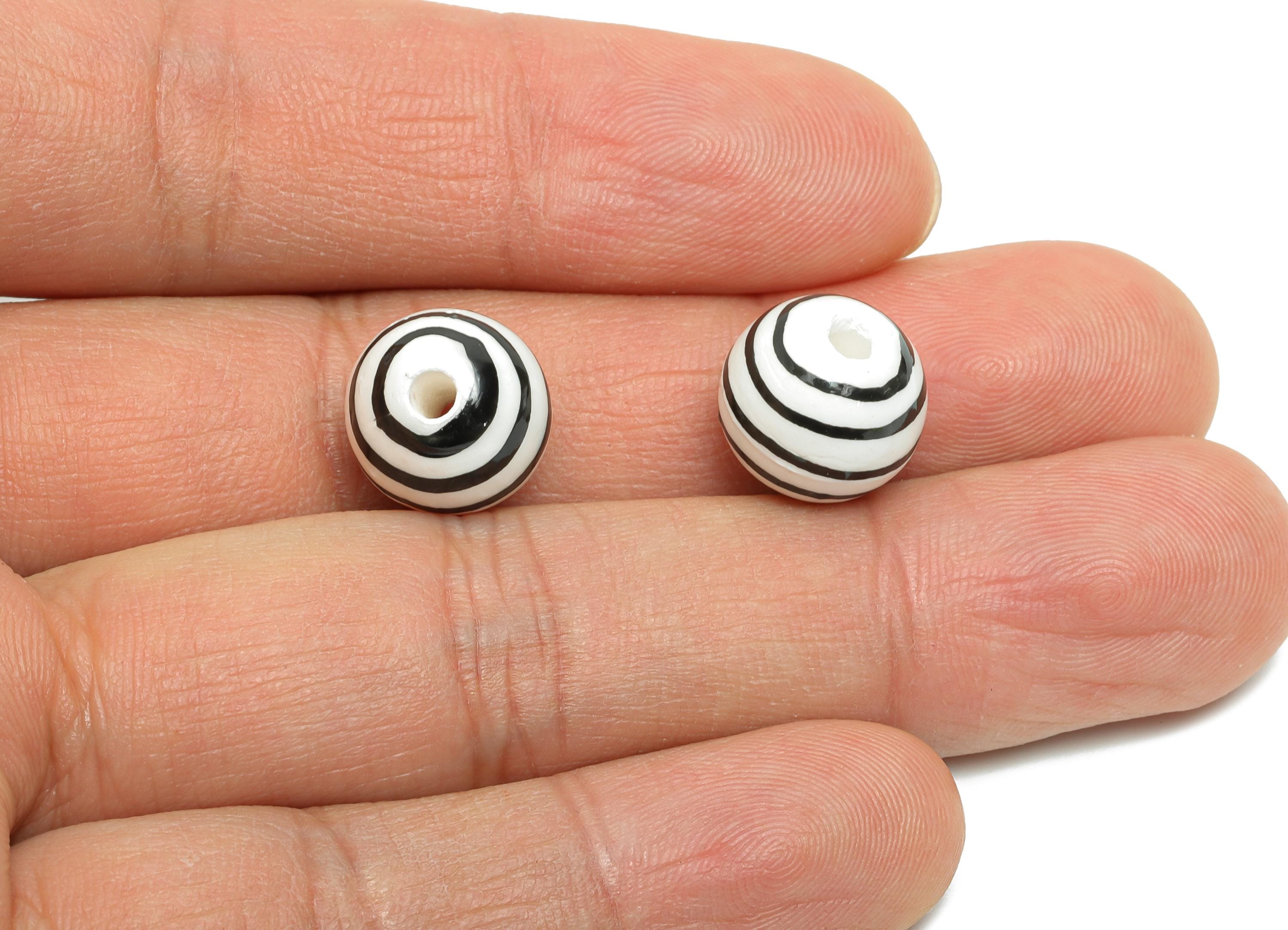 Black Striped Ceramic Beads - Colorful Handmade Beads - Boho Chic Ceramic Beads for Bracelet - Striped Bead Making - 12x12.28x12mm - NS2858E - DOMEDBAZAAR