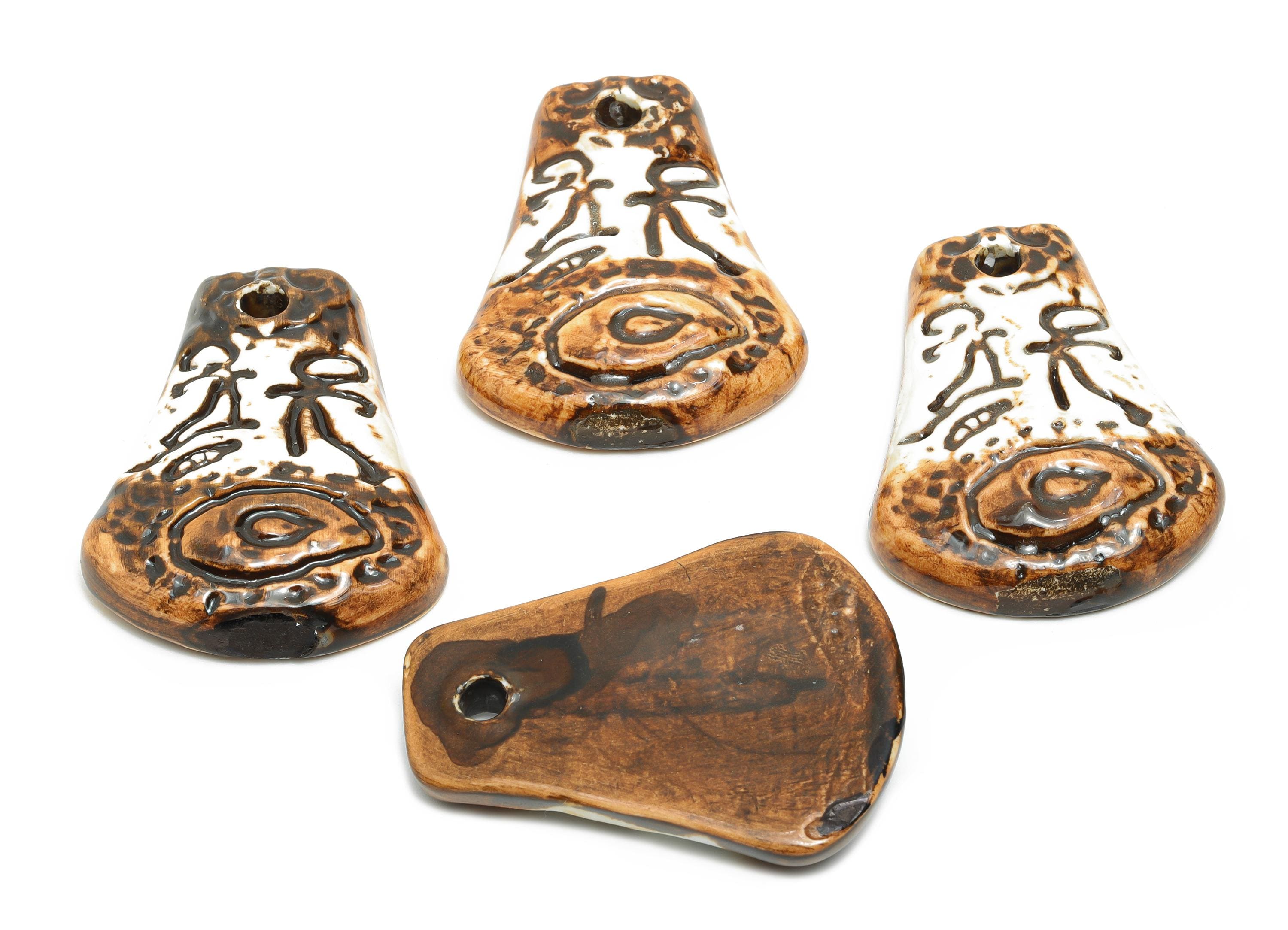 Glazed Ceramic Pendant - Anthropomorphic Figures Porcelain Pendant - Handcrafted Artifact - Boho Cultural Relic Jewelry - 54x41x10mm -NS2786 - DOMEDBAZAAR