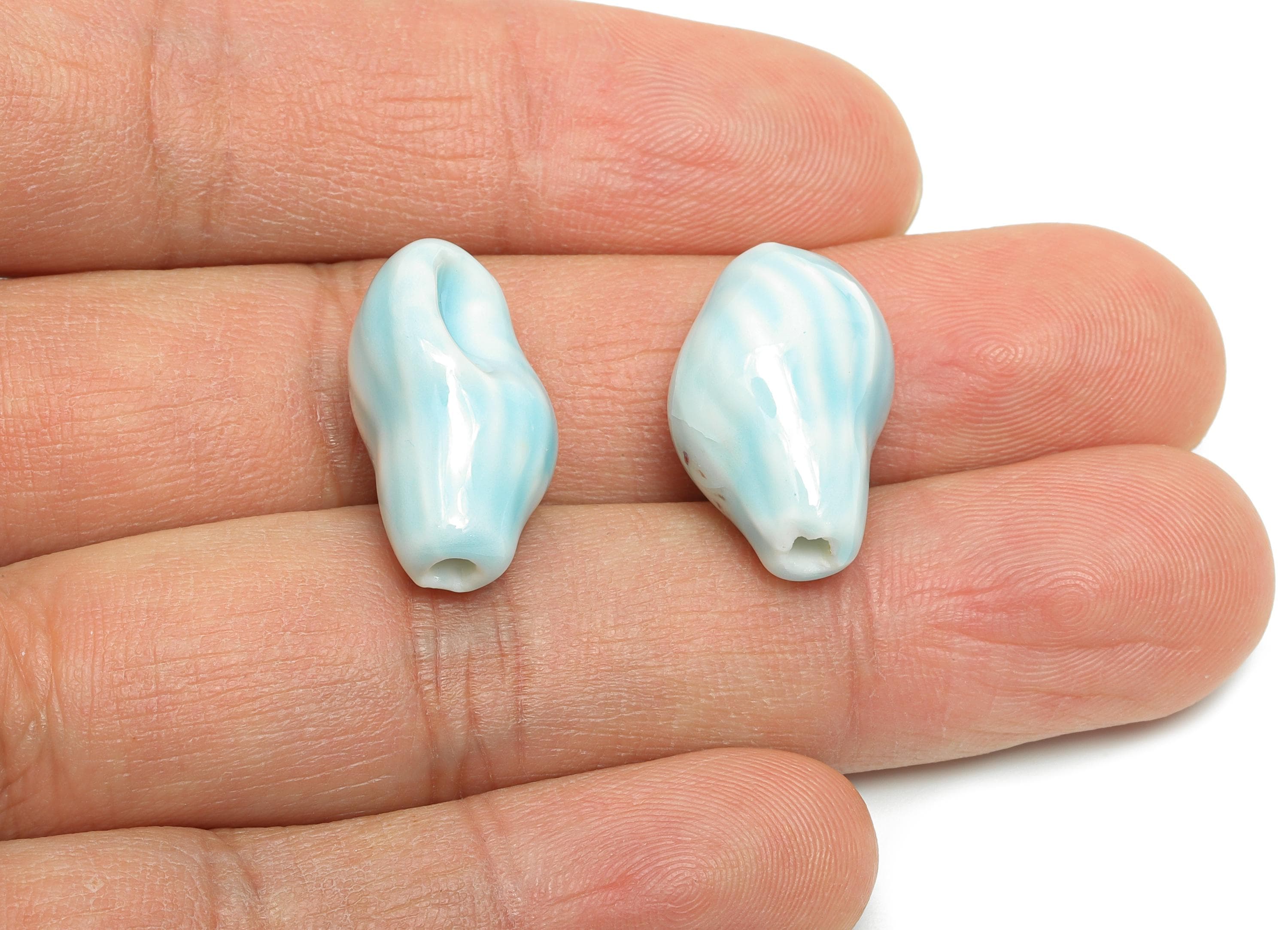 Glazed Ceramic Conch Shell Beads - Blue Textured Shell Beads - Handmade Bracelet Beads - Jewelry Making DIY - 21.43x13.35x12.09mm - NS2846D - DOMEDBAZAAR