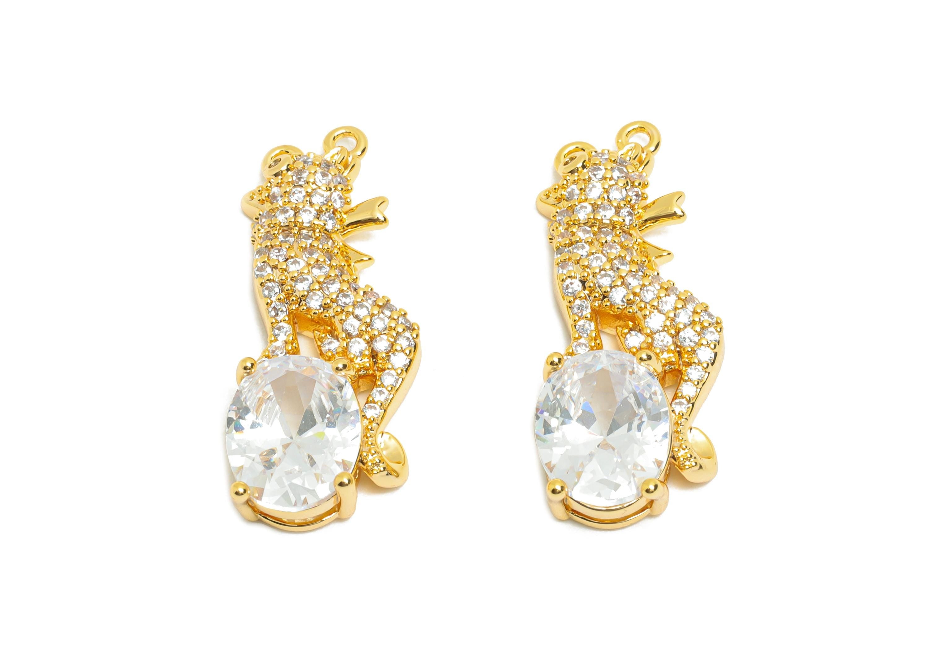 Dainty Gold Crystal Lion Charm- Brass Zircon Lion Charm for Necklaces - 18K Real Gold Plating - Powerful Lion Jewelry - 24x9x4mm - RGP10829 - DOMEDBAZAAR