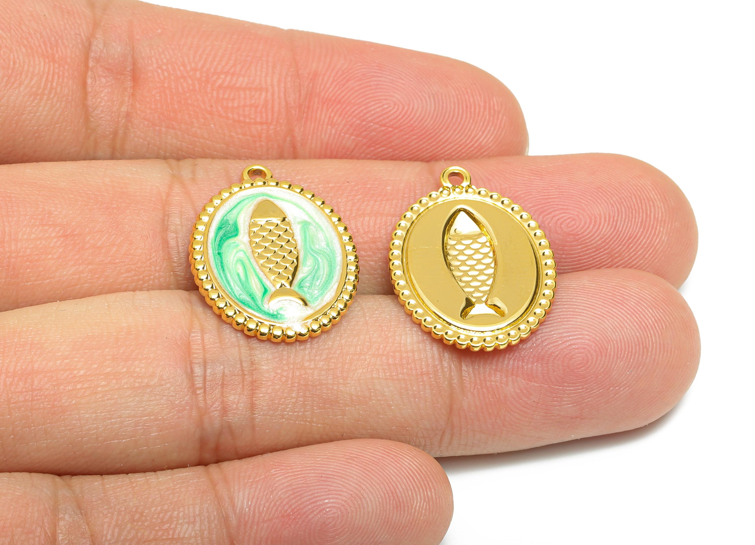 Steel Enamel Fish Medallion - Vintage Lucky Fish Amulet Pendant - DIY Jewelry Craft Supply - Gold Tone Vacuum Plated - 23x17x2.07mm - SS1515 - DOMEDBAZAAR