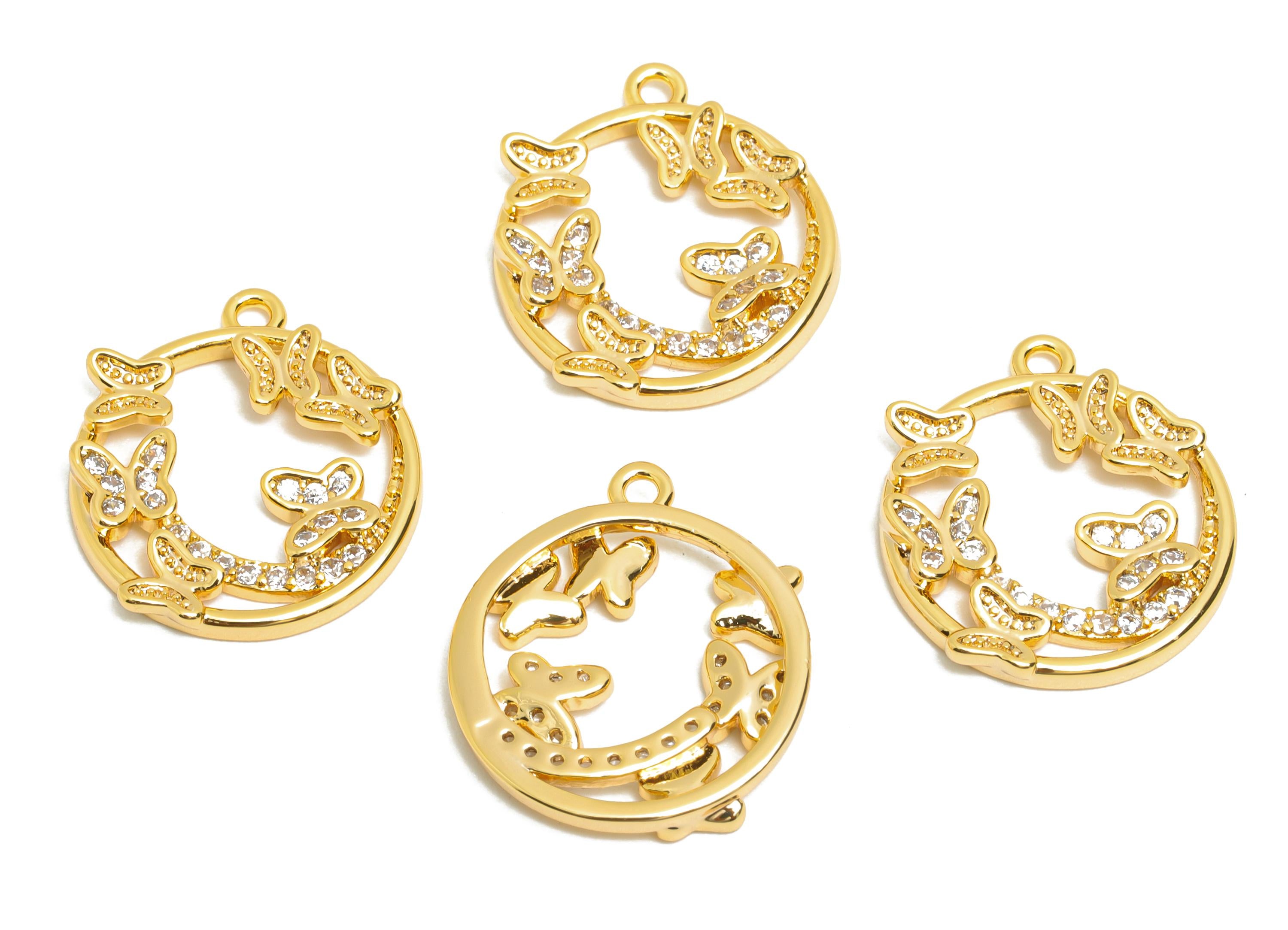 Brass CZ Round Charm - Luxury Gold Butterfly Pendant for Necklace - Sparkling Zircon Jewelry - 18K Real Gold Plated - 17.3x15x2mm - RGP10831 - DOMEDBAZAAR