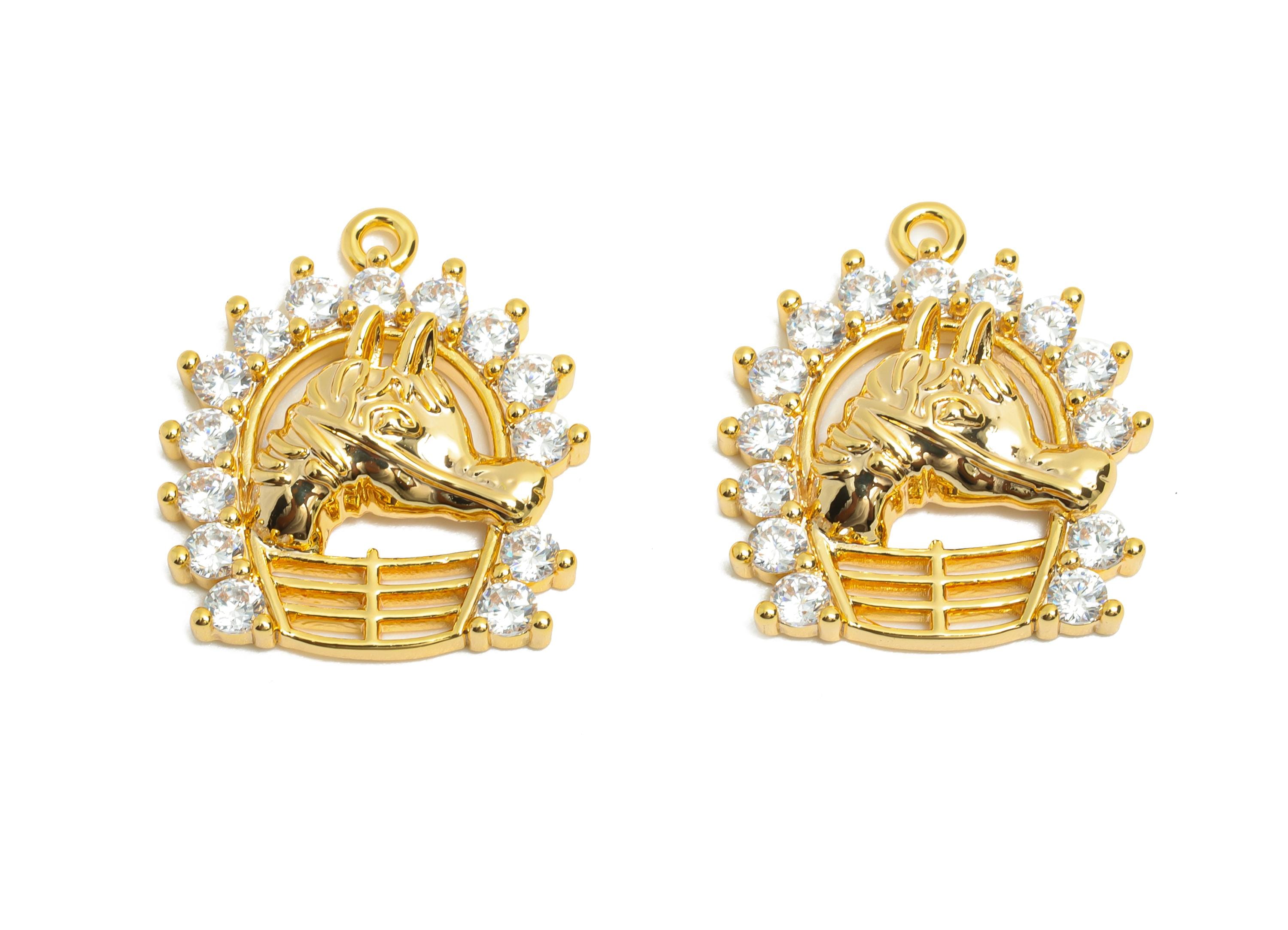 Dainty Horse Pendant - Brass Zircon Equestrian Pendant - 18K Real Gold Plating - Glittering Horse Charm for DIY Jewelry - 18x16x3mm-RGP10832 - DOMEDBAZAAR