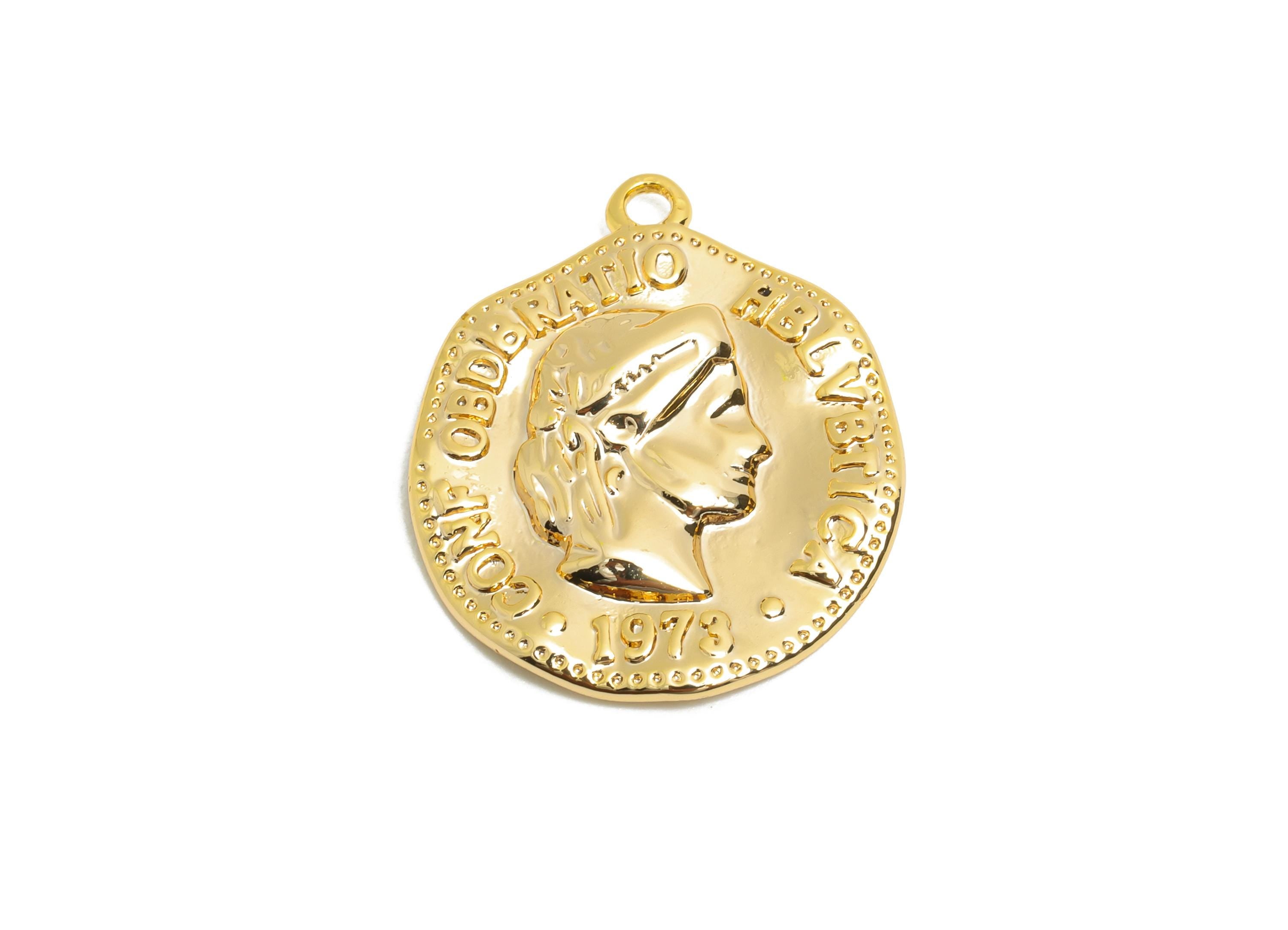 Helvetia Coin Charm - Brass Antique Style Pendant for Necklace - 18K Real Gold Plating - Vintage Medallion Pendant - 20x16x2.95mm - RGP10824 - DOMEDBAZAAR