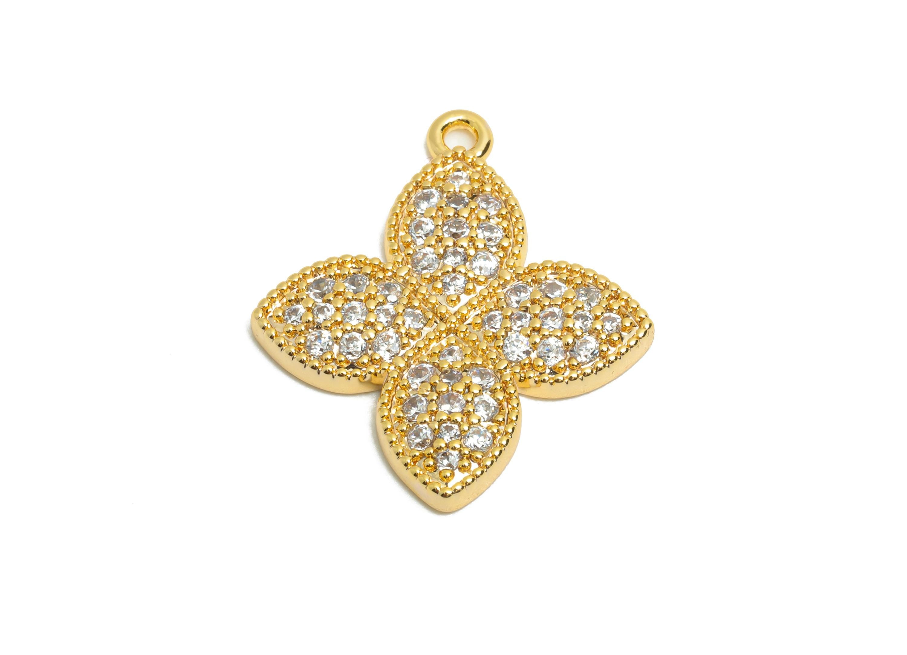 Brass CZ Flower Charm - Sparkling Gold Four-Leaf Clover Zircon Charm - Refined Jewelry Finding - 18K Real Gold Plated - 19x17x2mm - RGP10828 - DOMEDBAZAAR