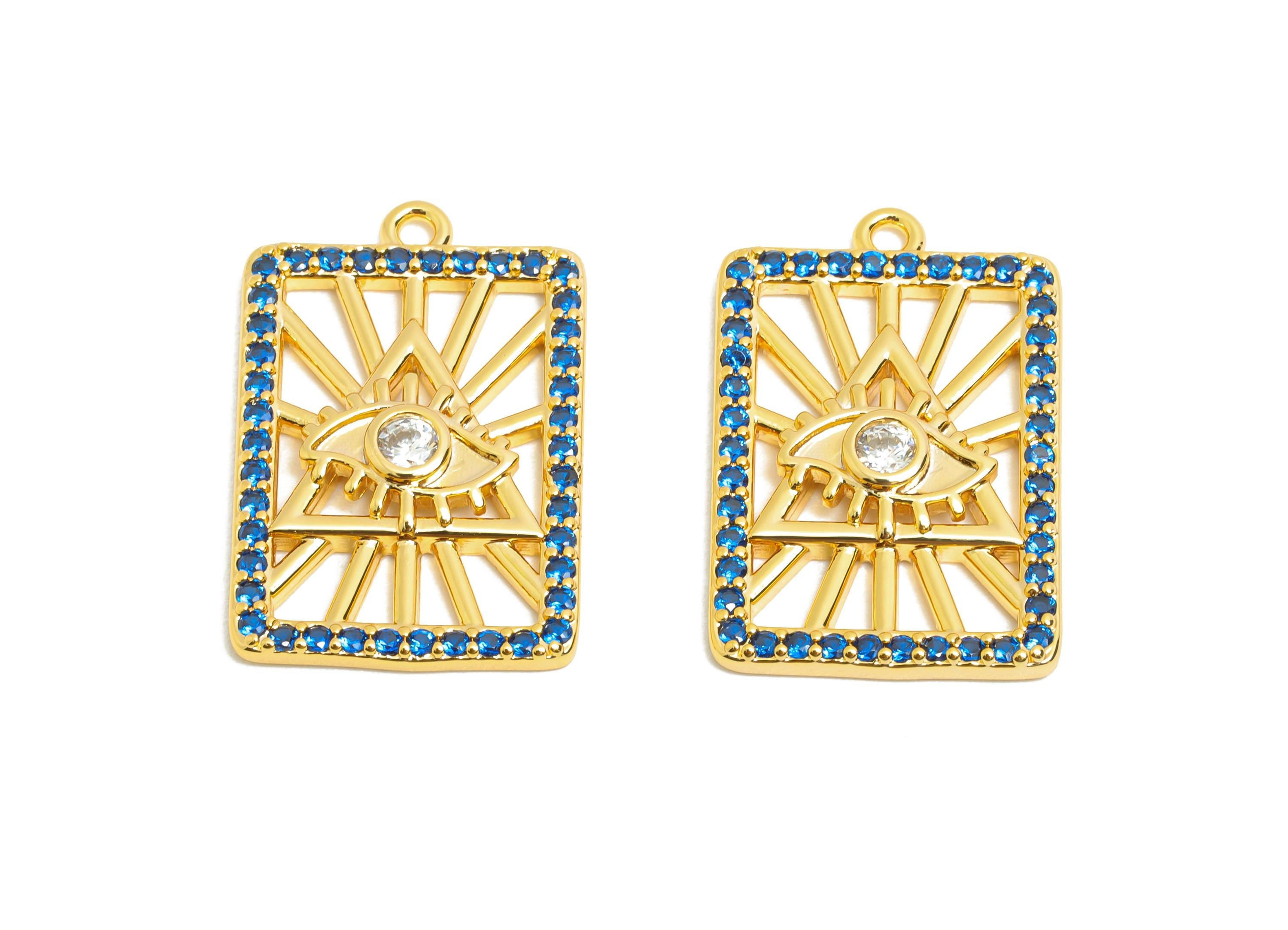 Brass Cubic Zircon Evil Eye Charm - Gold Rectangle Eye Jewelry for Necklace - All-Seeing Eye Charm - 18K Gold Plated - 21x14x2.6mm -RGP10827 - DOMEDBAZAAR