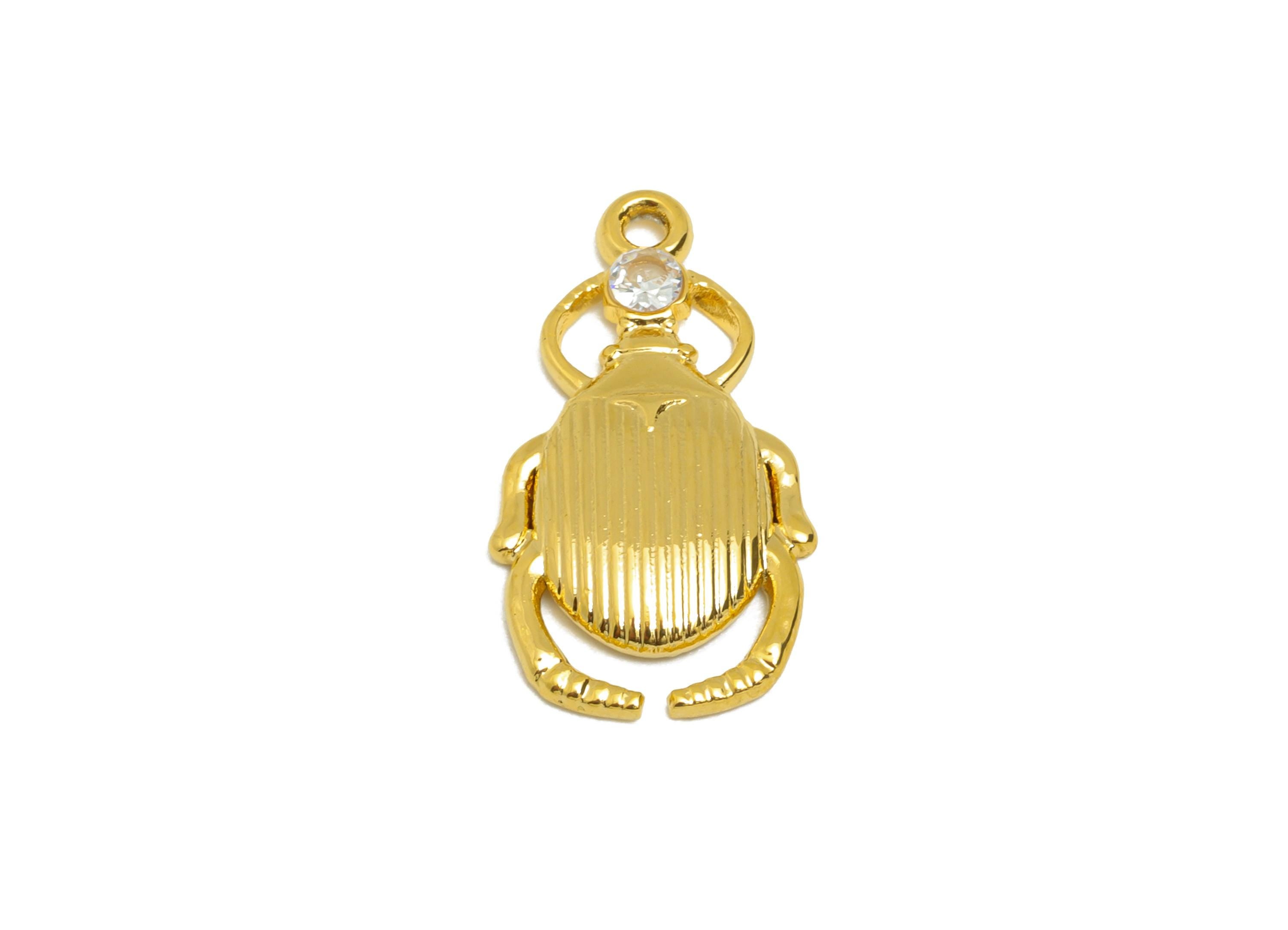 Steel Crystal Inset Charm - Steel Scarab Beetle Pendant - Minimalist Beetle Talisman Necklace - Gold Tone Vacuum Plated - 20x11x2mm - SS1529 - DOMEDBAZAAR