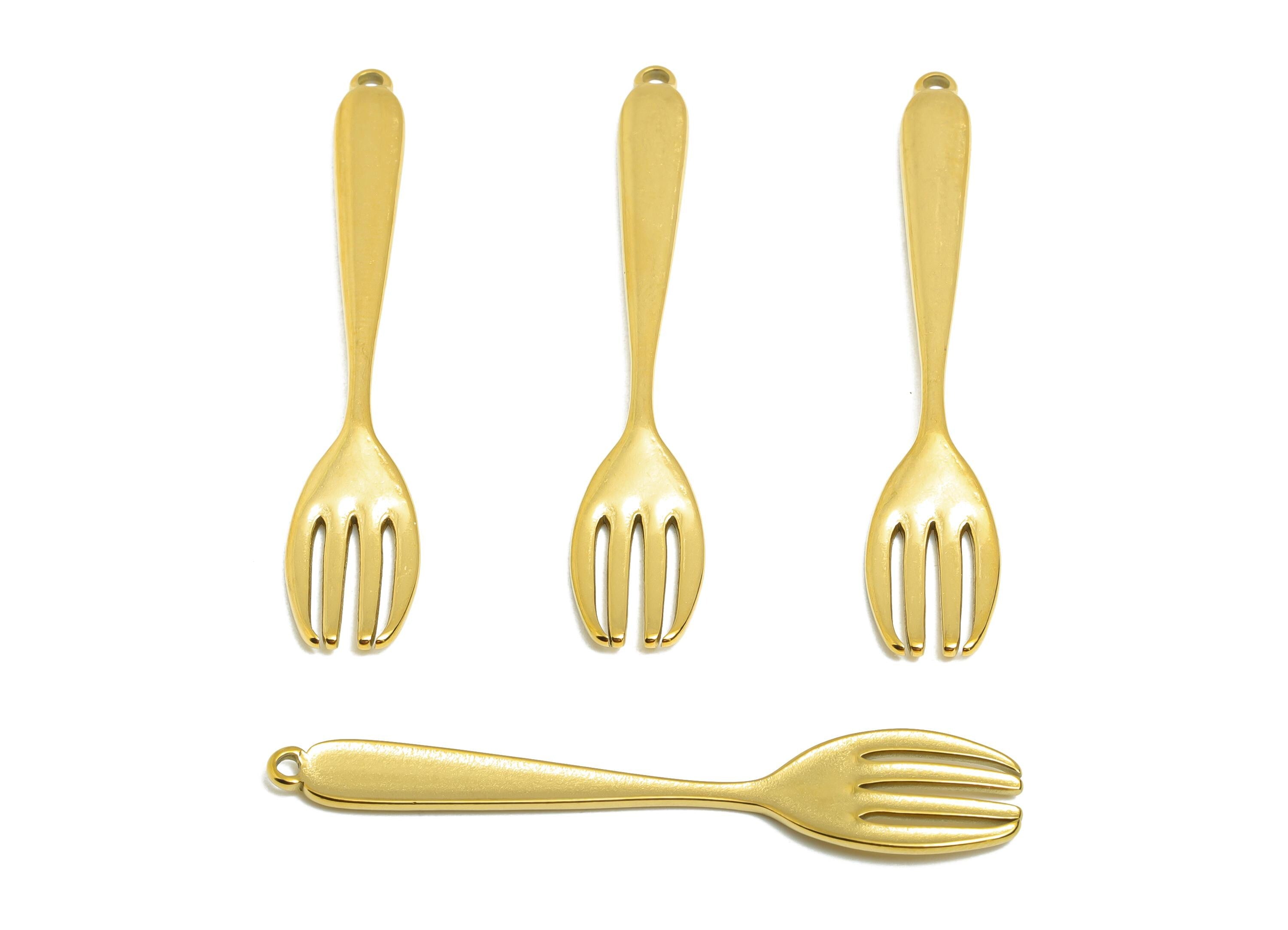 Steel Fork Charms - Metal Cutlery Jewelry Pendant - Gold Unique Kitchen-Themed Accessory - Gold Tone Plated - 49.8x9.25x2.23mm - SS2105G - DOMEDBAZAAR