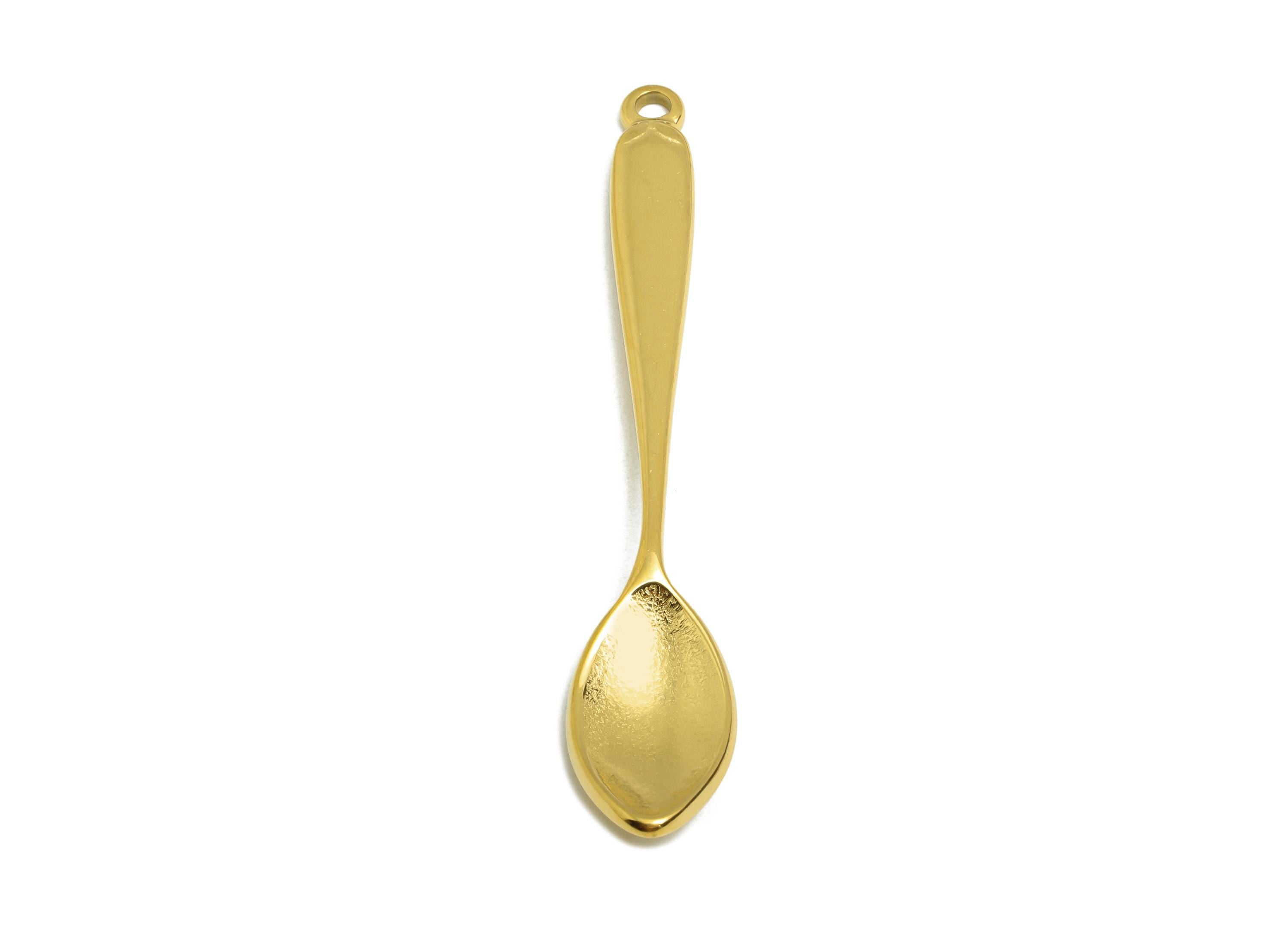 Steel Spoon Charms - Metal Cutlery Jewelry Pendant - Unique Kitchen-Themed Accessory - Gold Tone Plated - 52.33x9.67x3.67mm - SS2127G - DOMEDBAZAAR