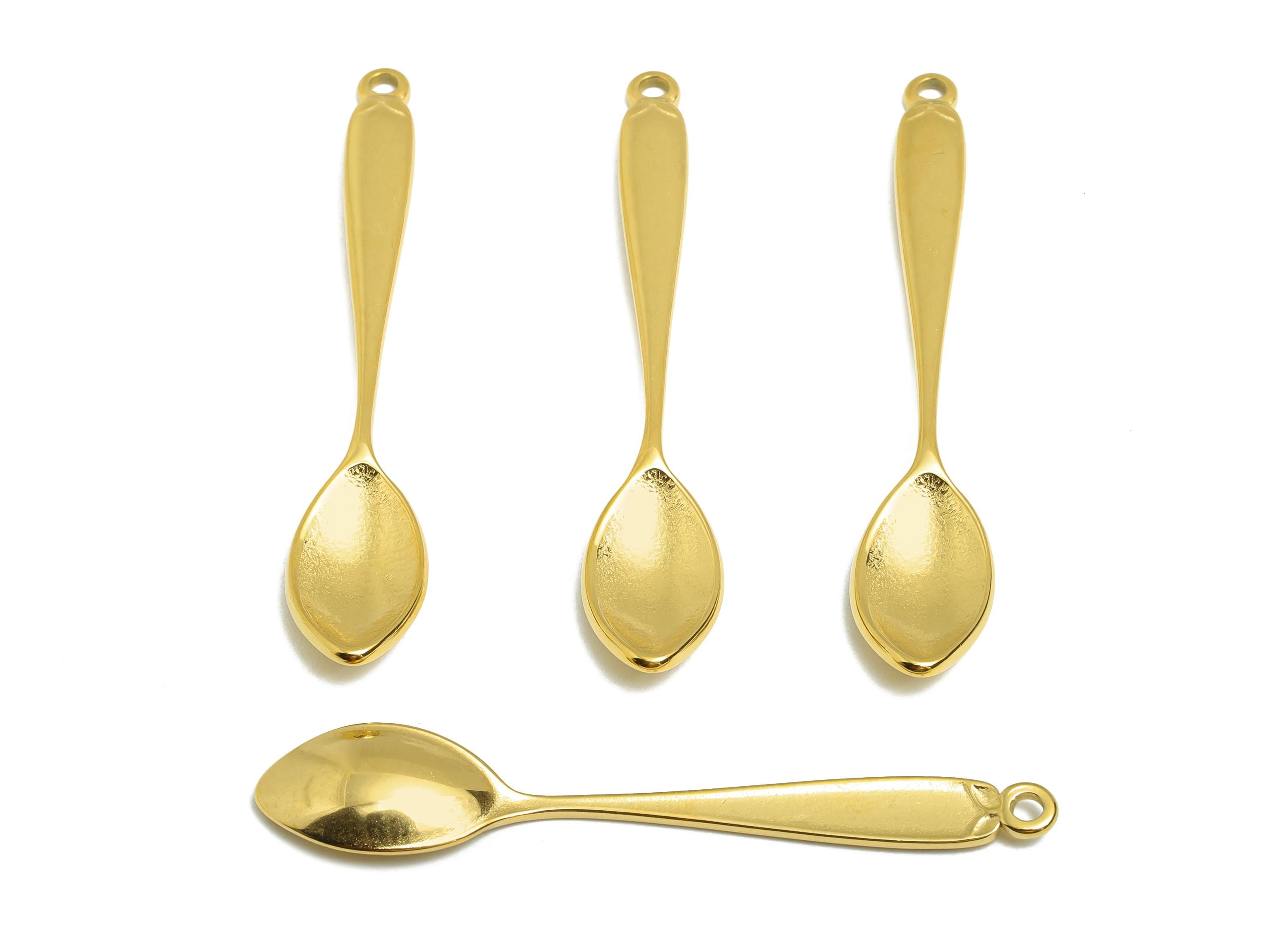 Steel Spoon Charms - Metal Cutlery Jewelry Pendant - Unique Kitchen-Themed Accessory - Gold Tone Plated - 52.33x9.67x3.67mm - SS2127G - DOMEDBAZAAR