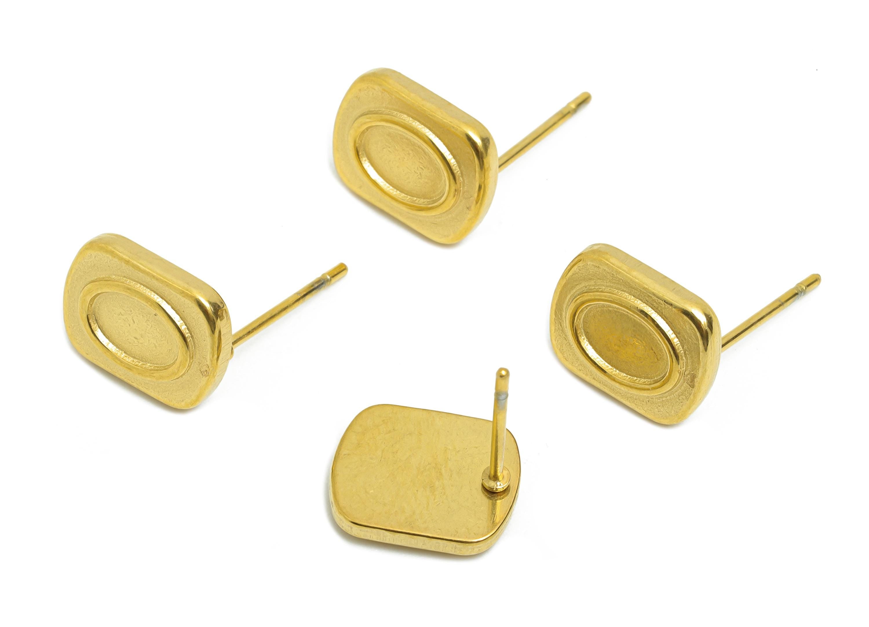 Oval Bezel Stud Earring - Steel Vintage Earring Post - Tiny Rectangular Stud Earring Settings - Antique Stud Earrings - 10.8x8x2mm - SS2165G - DOMEDBAZAAR