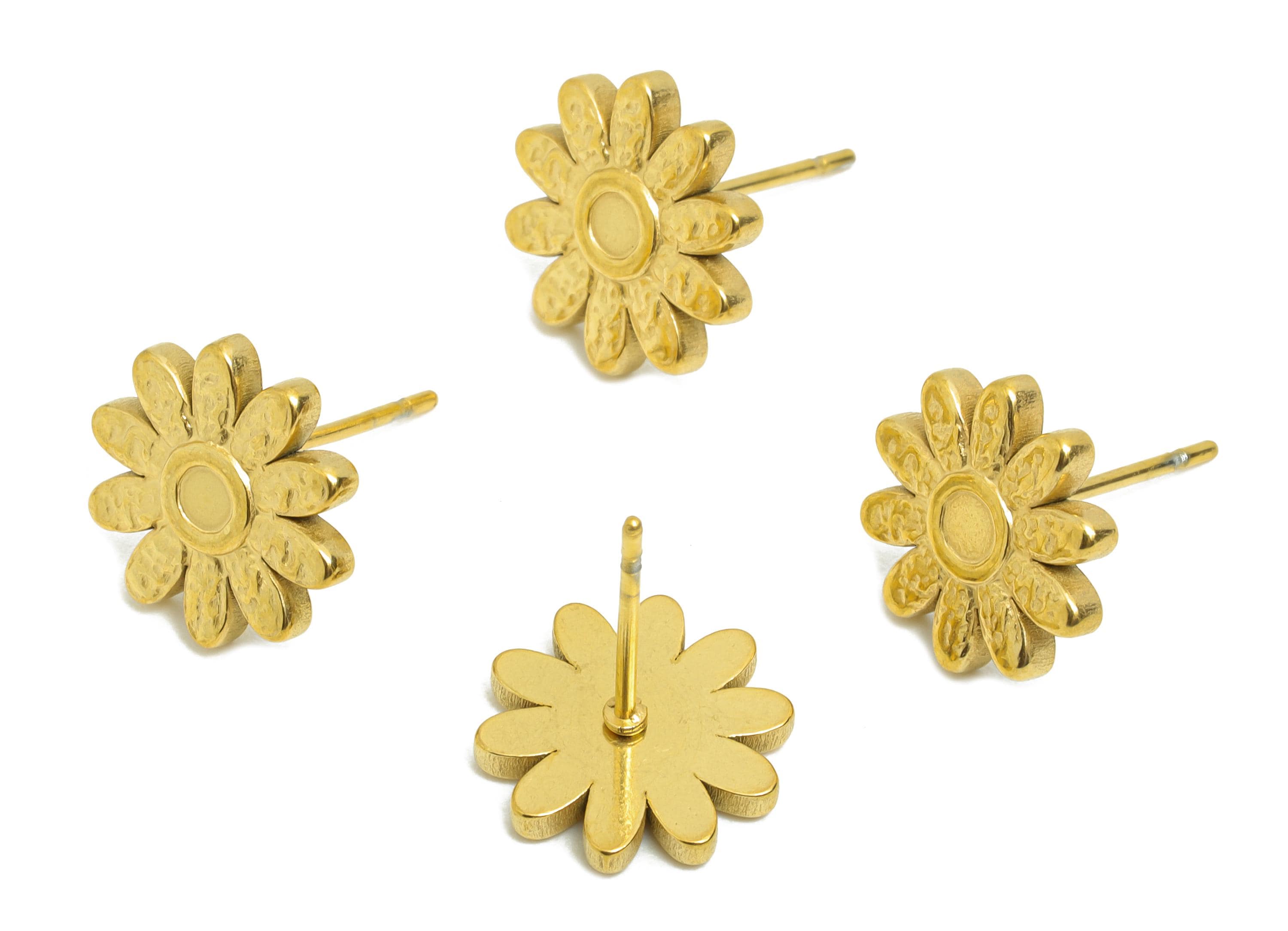 Stainless Steel Daisy Stud - Whimsical Gold Flower Earring Post - Dainty Botanical Earring - Spring Bloom Jewelry - 11x11.9x2mm - SS2183G - DOMEDBAZAAR
