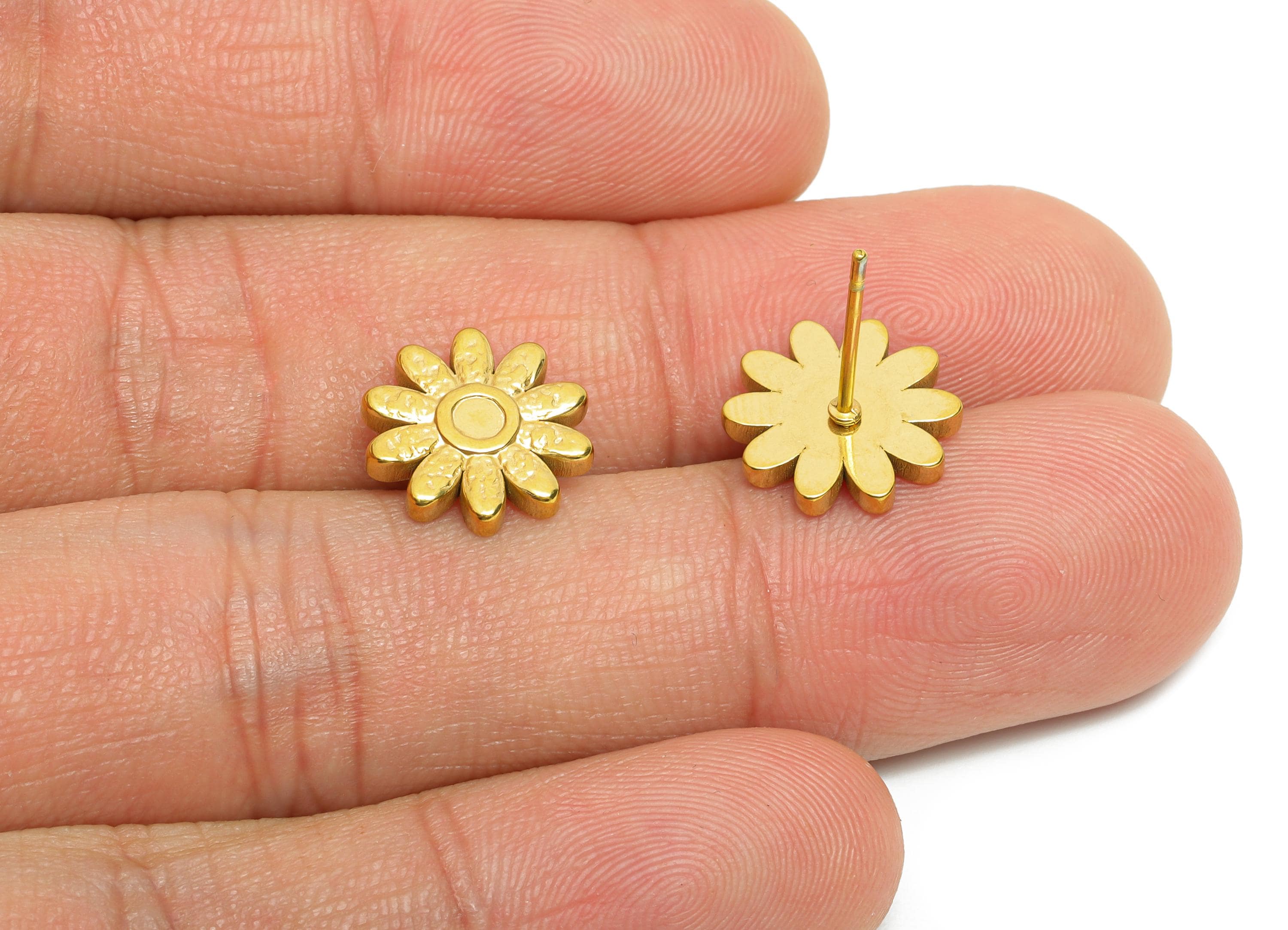Stainless Steel Daisy Stud - Whimsical Gold Flower Earring Post - Dainty Botanical Earring - Spring Bloom Jewelry - 11x11.9x2mm - SS2183G - DOMEDBAZAAR