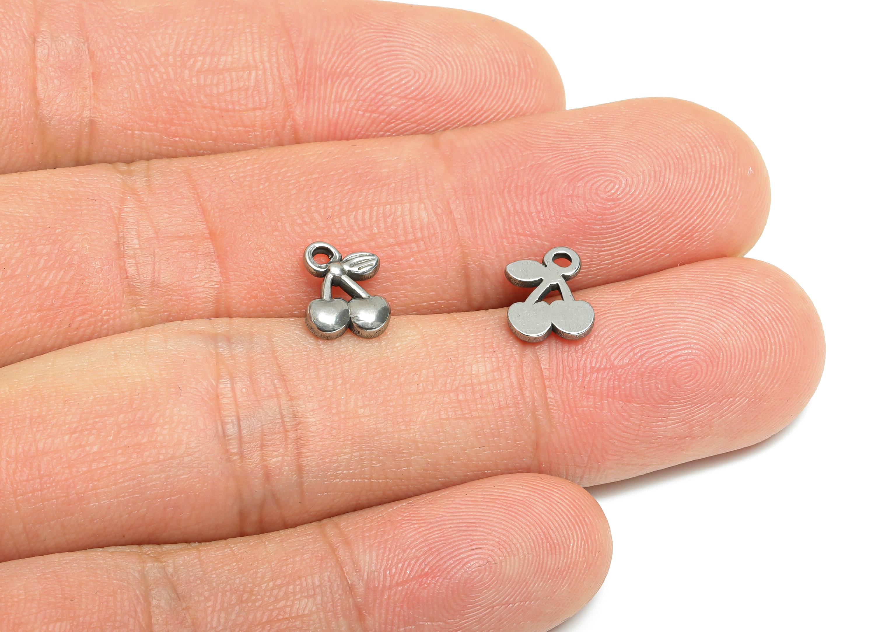Steel Cherry Charms - Kawaii Fruit Pendant for Bracelet - Sweet Cherry Jewelry Component - DIY Steel Findings - 9.22x7.34x1.88mm - SS2124 - DOMEDBAZAAR