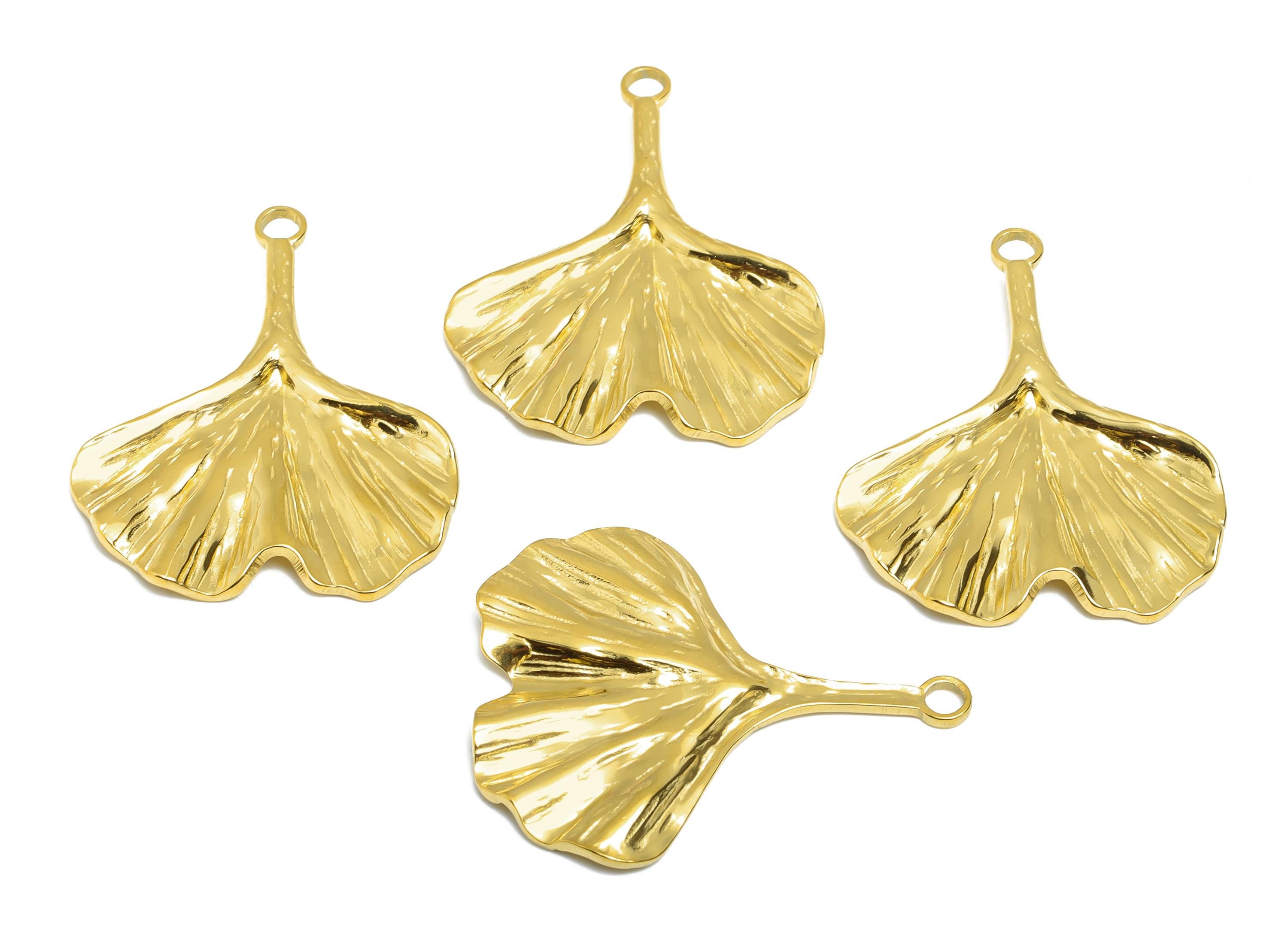 Steel Ginkgo Leaf Charm - Gold Botanical Leaf Necklace Pendant - Nature-Inspired Accessories - Gold Tone Plated - 35.9x28.8x2.45mm - SS2114G - DOMEDBAZAAR