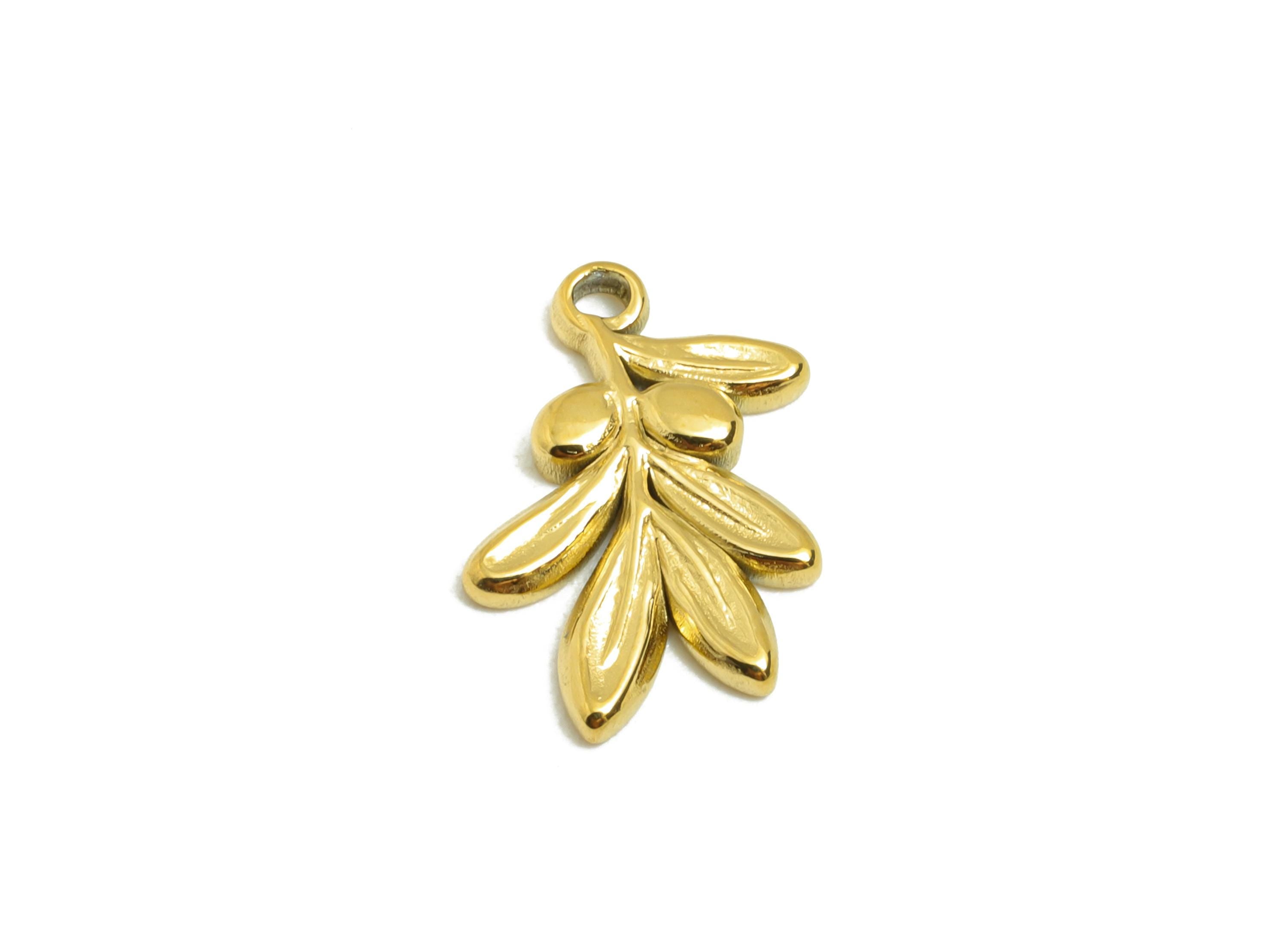 Steel Olive Branch Charm - Good Lucky Leaf Charm for Necklace - Minimalist Botanical Jewelry - Gold Tone Plated - 14.97x9.98x1.9mm - SS2125G - DOMEDBAZAAR