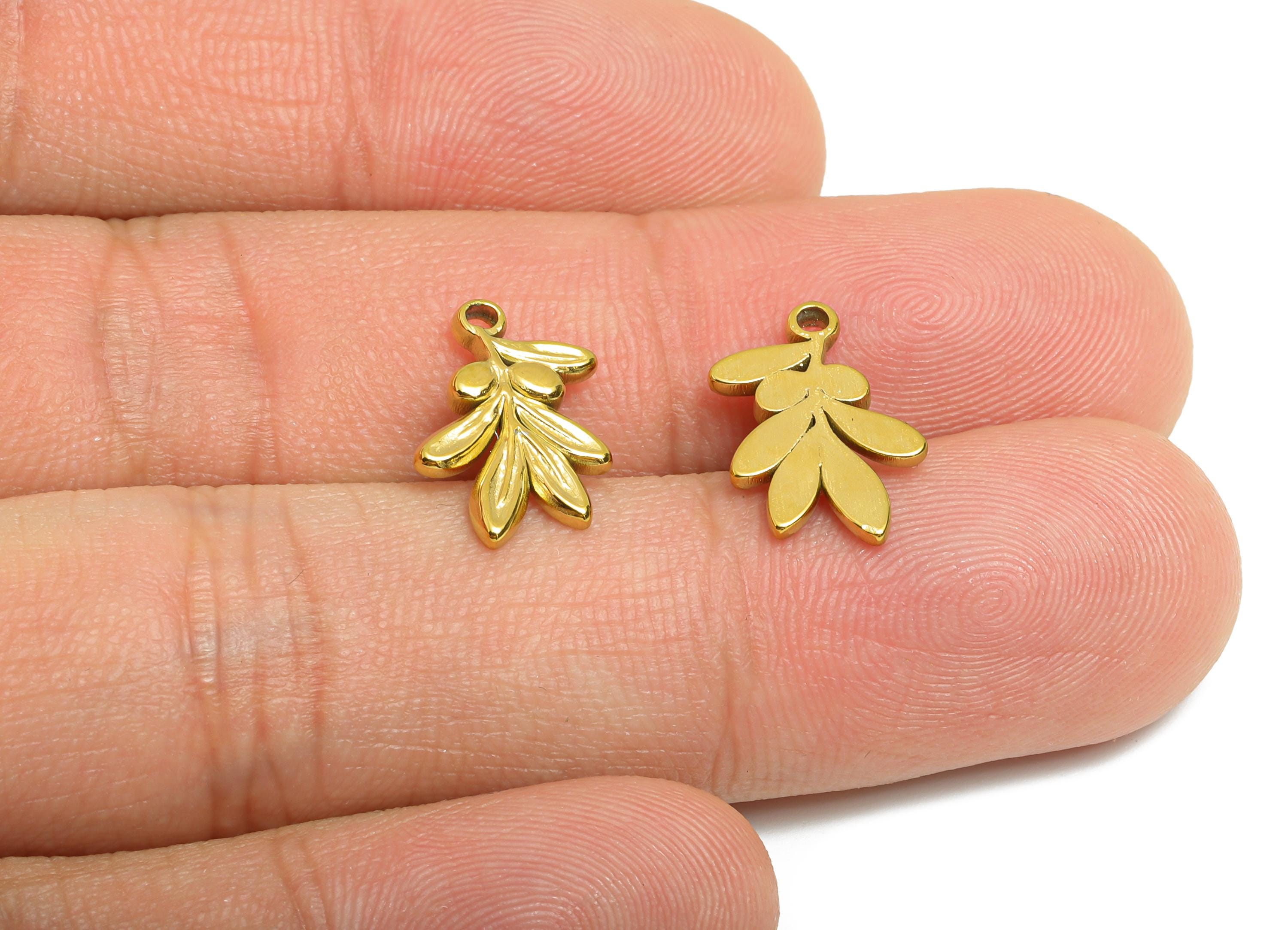 Steel Olive Branch Charm - Good Lucky Leaf Charm for Necklace - Minimalist Botanical Jewelry - Gold Tone Plated - 14.97x9.98x1.9mm - SS2125G - DOMEDBAZAAR
