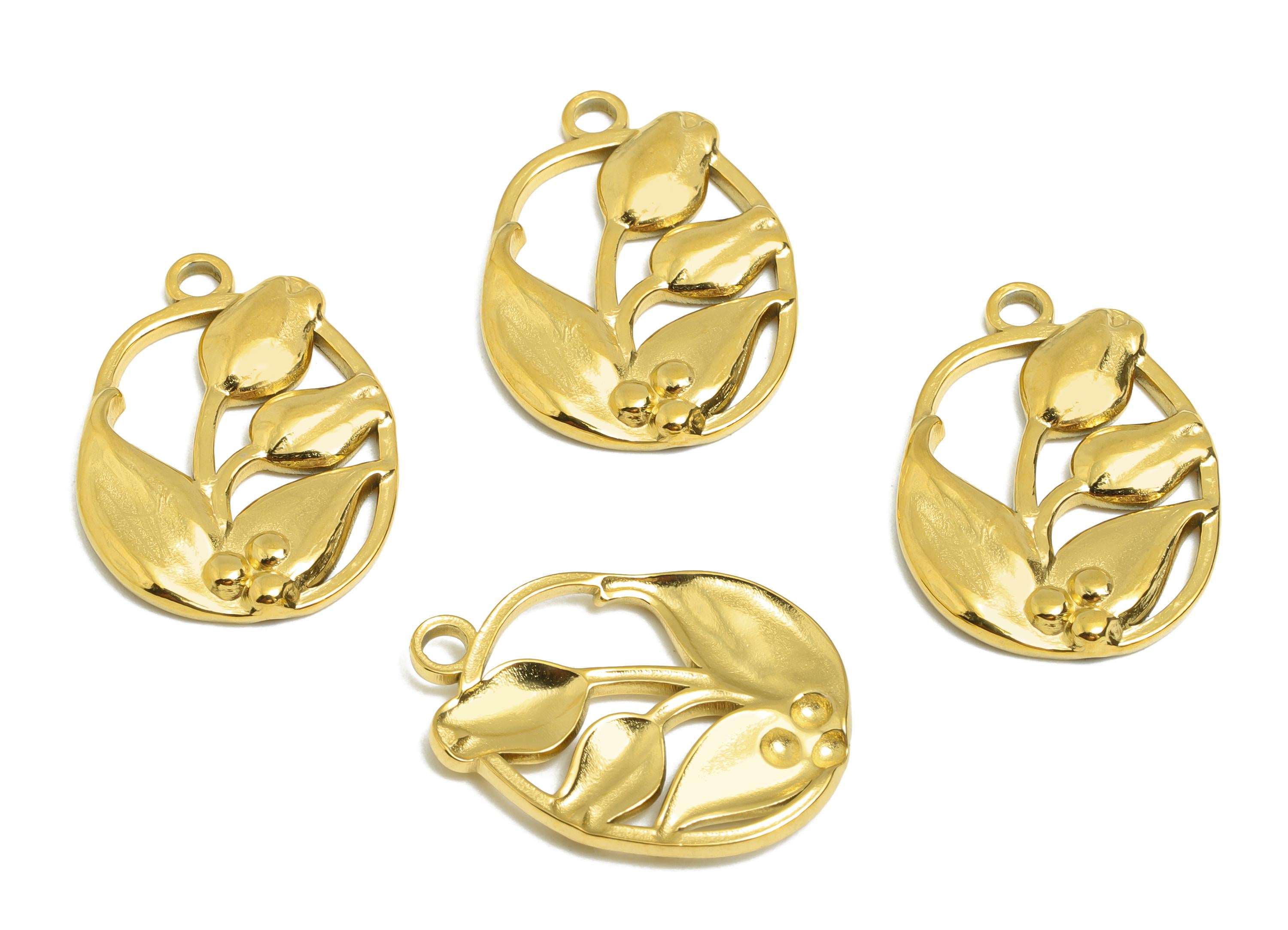 Steel Tulip Charms - Elegant Floral Necklace Pendant - Delicate Botanical Jewelry Component - Gold Tone Plated - 24.12x17.47x2.5mm - SS2111G - DOMEDBAZAAR