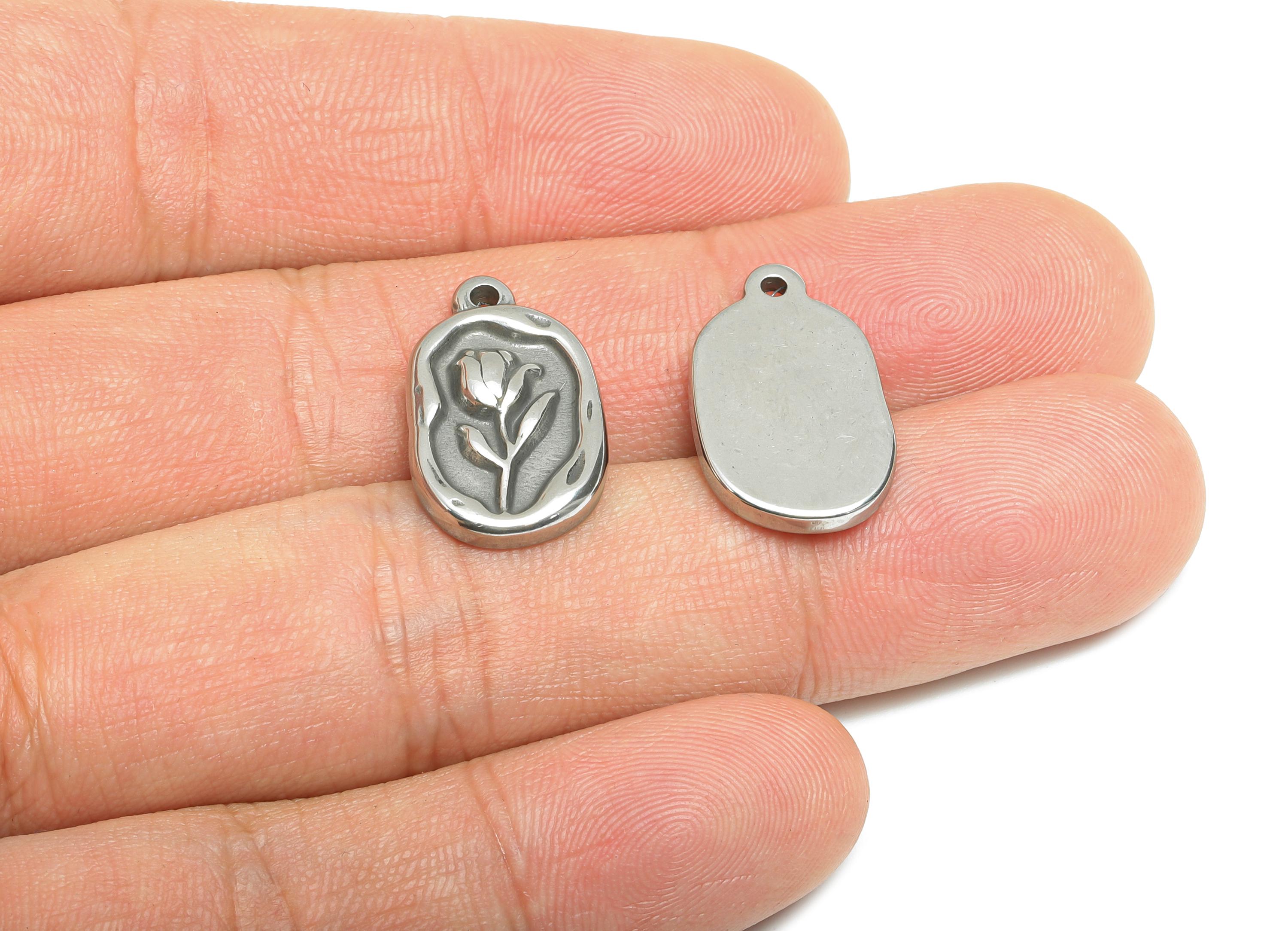 Steel Oval Tulip Charms - Vintage Floral Necklace Pendant - Romantic Botanical Accessory - DIY Making Supplies - 20.25x12.36x3.12mm - SS2118 - DOMEDBAZAAR