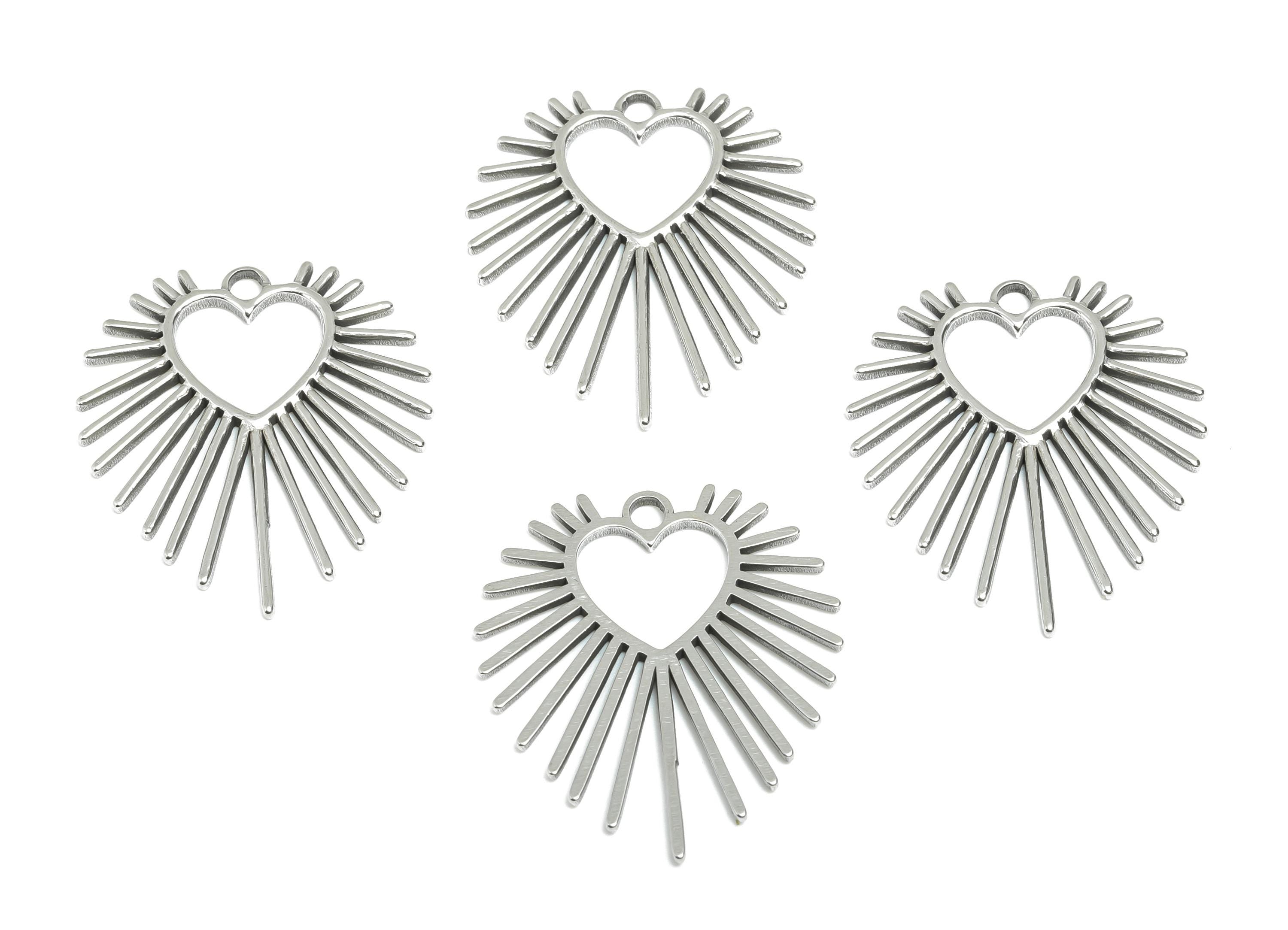 Steel Sunburst Heart Pendant - Radiant Heart Charm - Stainless Steel Charm - Celestial Heart Jewelry - Sunbeam Pendant - 30x25x1mm - SS2110 - DOMEDBAZAAR