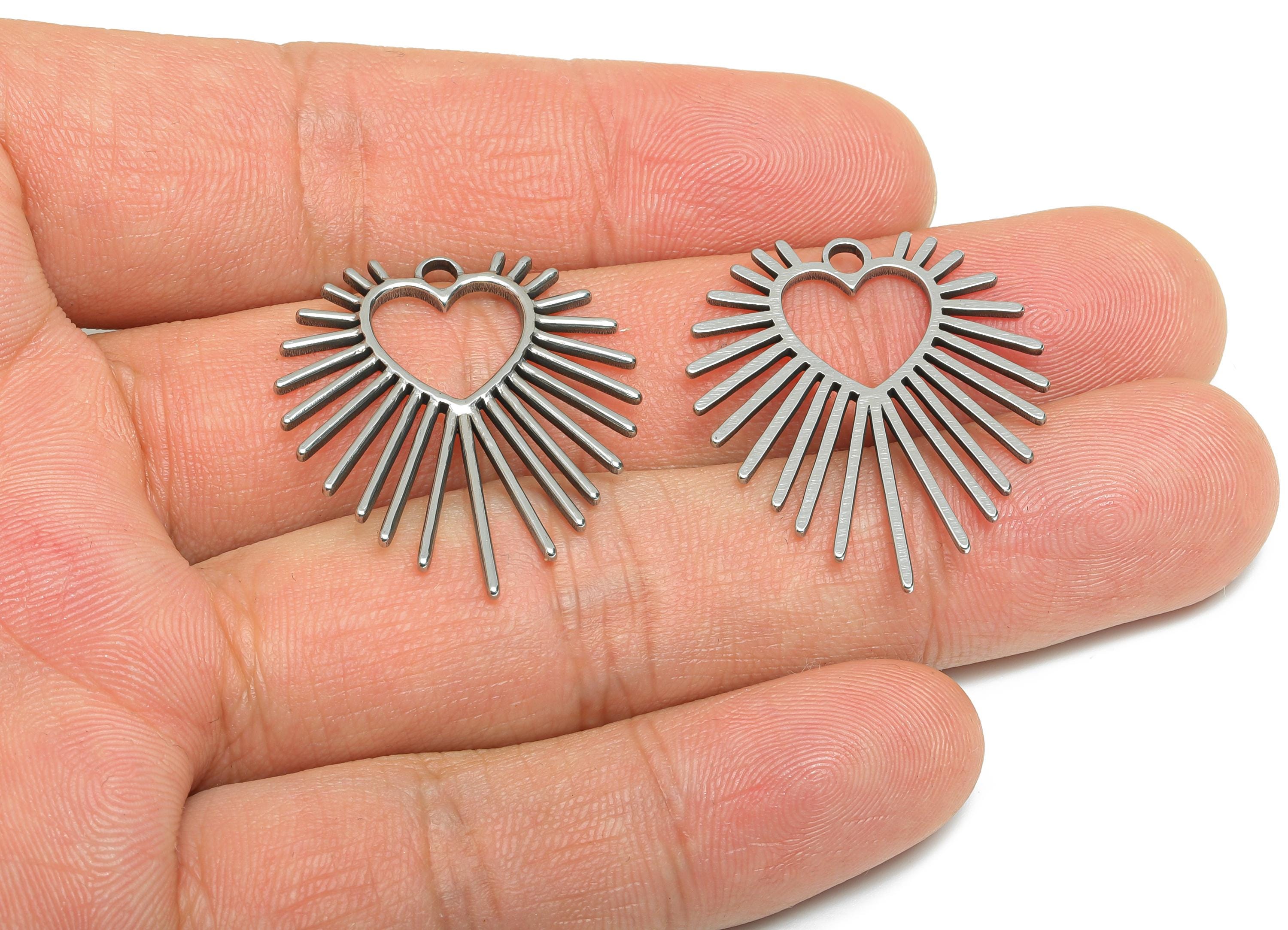 Steel Sunburst Heart Pendant - Radiant Heart Charm - Stainless Steel Charm - Celestial Heart Jewelry - Sunbeam Pendant - 30x25x1mm - SS2110 - DOMEDBAZAAR