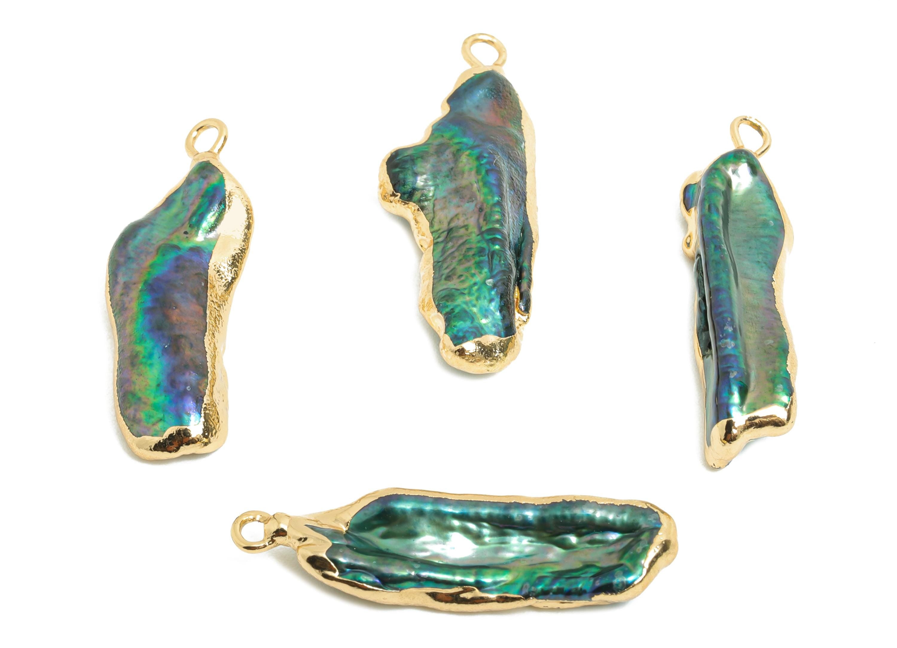 Natural Freshwater Shell Charm - Fresh Water Shells Pendant - Abalone Gold Framed Shell  - Gold Tone Plating - 34x10x3mm - NS2998 - DOMEDBAZAAR
