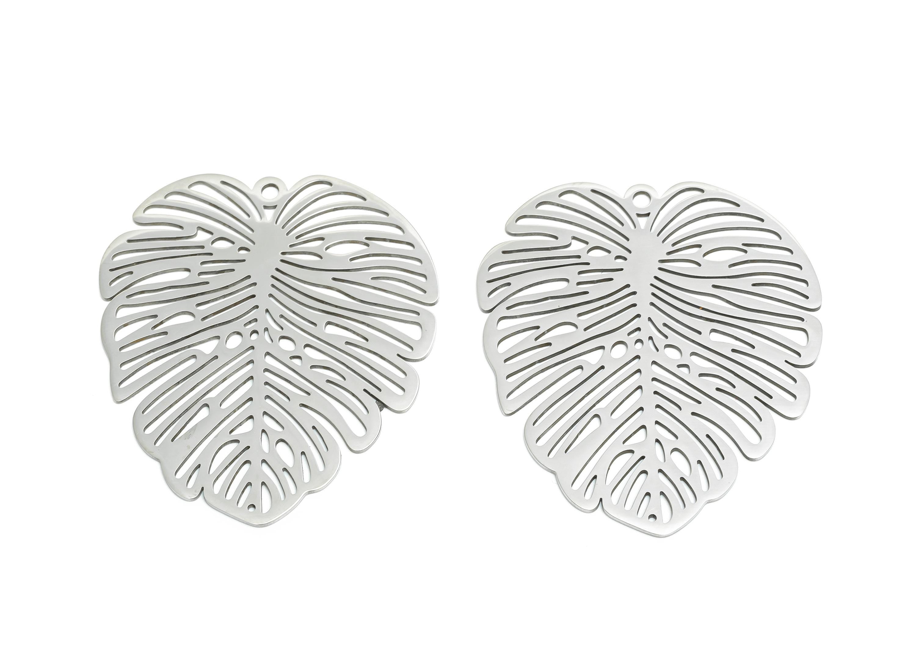 Monstera Leaf Pendant - Steel Tropical Leaf Jewelry - Botanical Jewelry Supply - Steel Boho Charm - Nature Jewelry - 49x43x0.98mm - SS2626 - DOMEDBAZAAR
