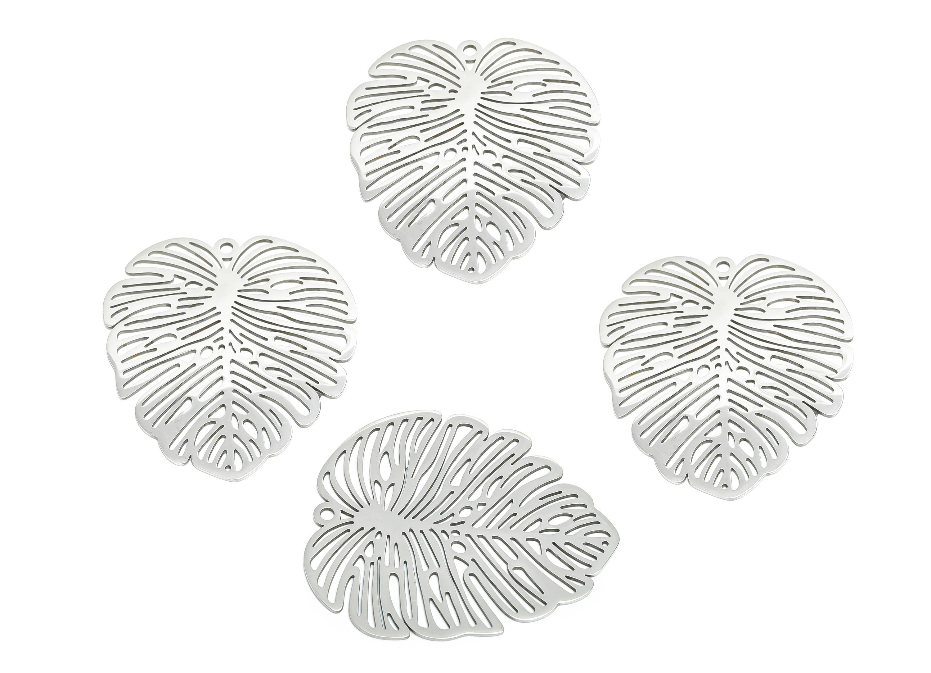Monstera Leaf Pendant - Steel Tropical Leaf Jewelry - Botanical Jewelry Supply - Steel Boho Charm - Nature Jewelry - 49x43x0.98mm - SS2626 - DOMEDBAZAAR