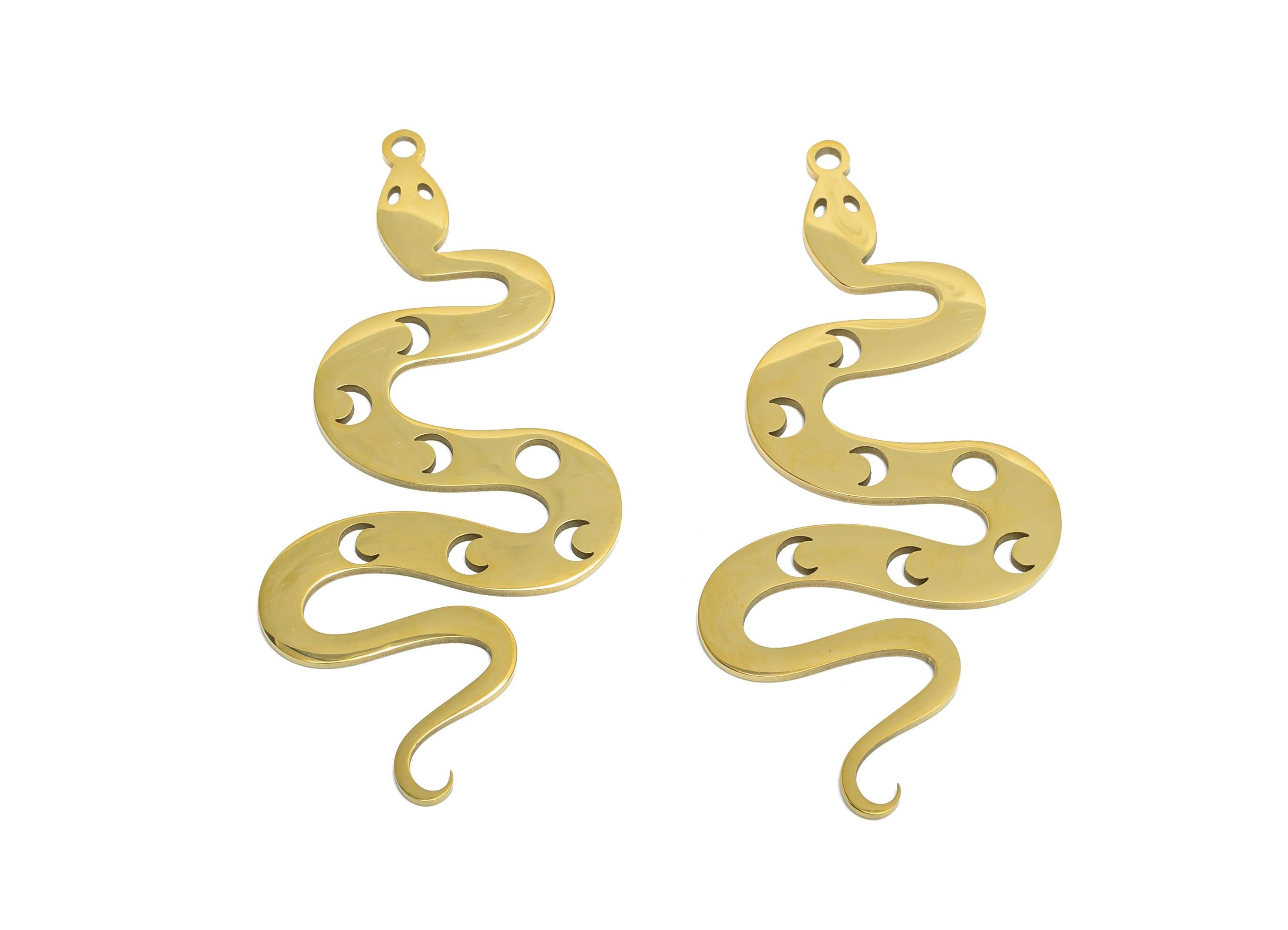 Moon Phase Snake Pendant - Stainless Steel Serpent Amulet - Mystical Serpent Jewelry - 18K Real Vacuum Plated - 48.35x21x0.98mm - SS2620G - DOMEDBAZAAR