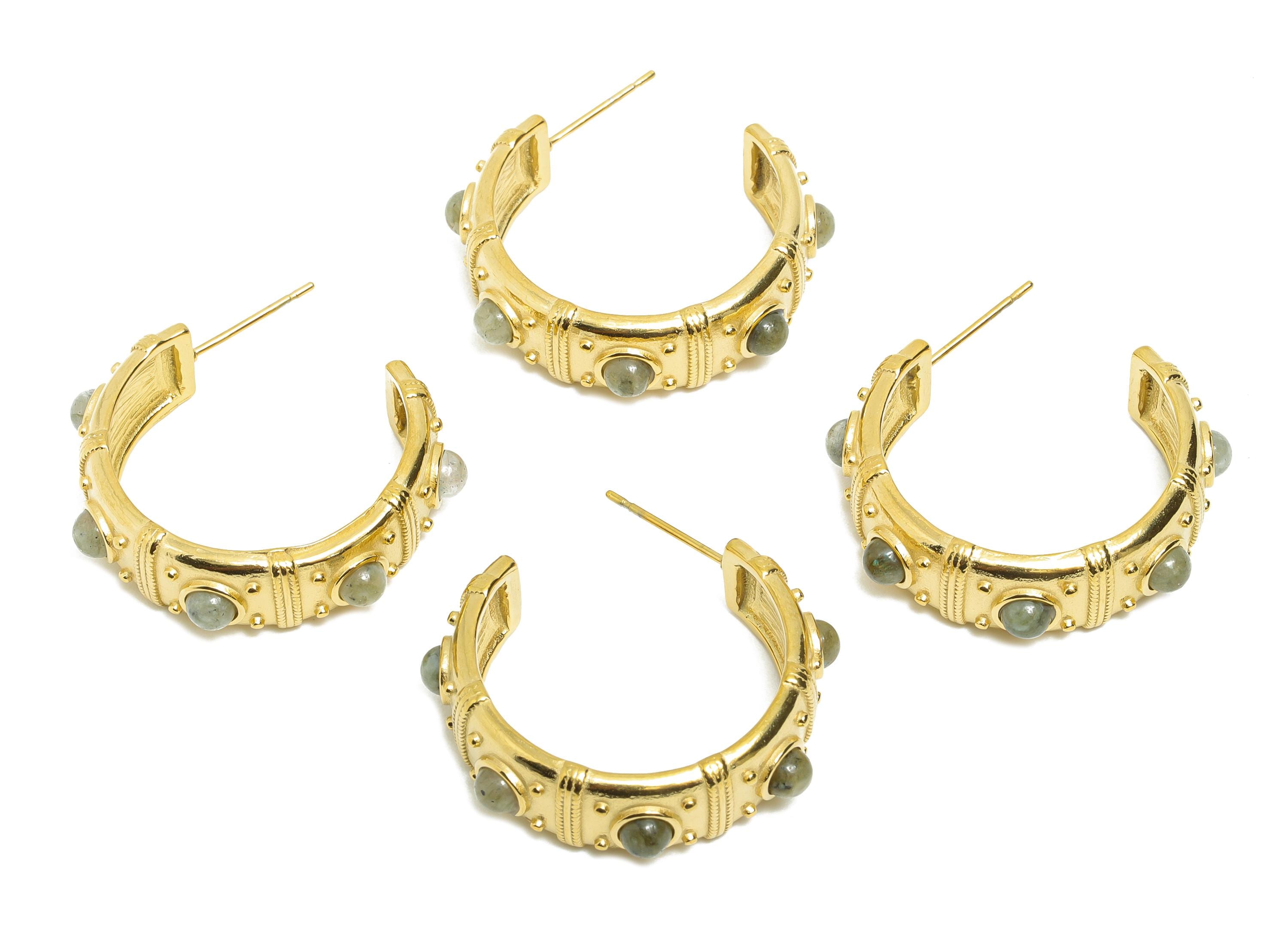 Labradorite C Hoop Studs - Ancient Roman Style - Greek Vintage Style - Steel Natural Stone Post - 18K Gold Plated - 31.75x9x2.68mm -SS2247 - DOMEDBAZAAR