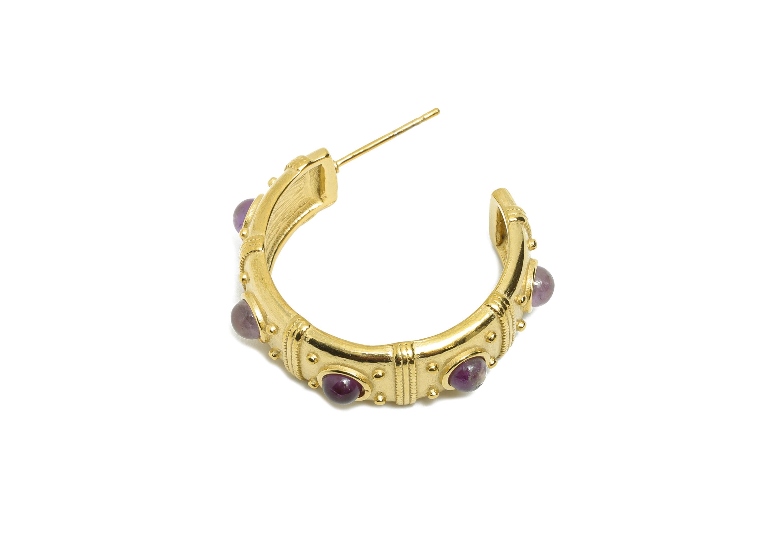 Amethyst C Hoop Studs - Ancient Roman Style - Greek Vintage Style - Steel Natural Stone Post - 18K Gold Plated - 31.75x9x2.68mm - SS2249 - DOMEDBAZAAR