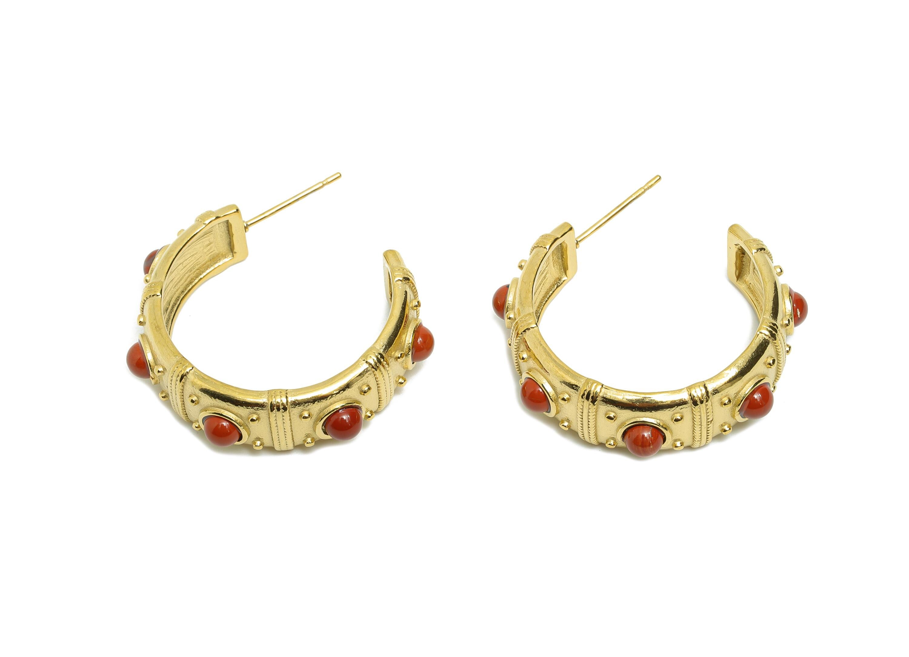 Red Natural Stone C Hoop Stud - Ancient Roman Style - Greek Vintage Style - Steel Natural Stone Post - 18K Gold Plated - 31x9x2.7mm - SS2250 - DOMEDBAZAAR